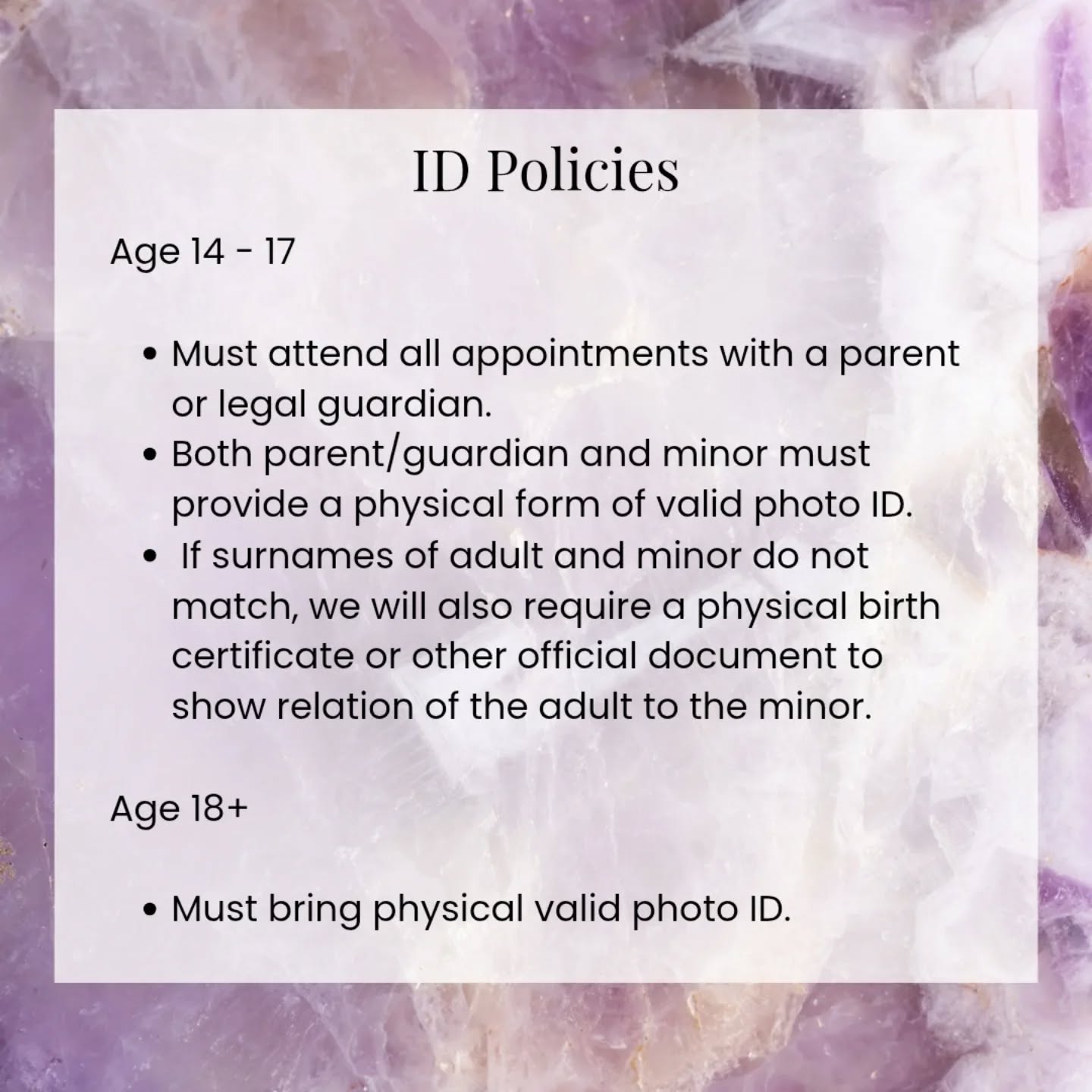 Just a little reminder about our ID policies & requirements for anyone looking to get a new piercing. Please remember to bring all of the required identification if you are a first-time client or if your ID has expired since we last saw you. This is to avoid disappointment / refusal of service / loss of any deposits paid to the studio.