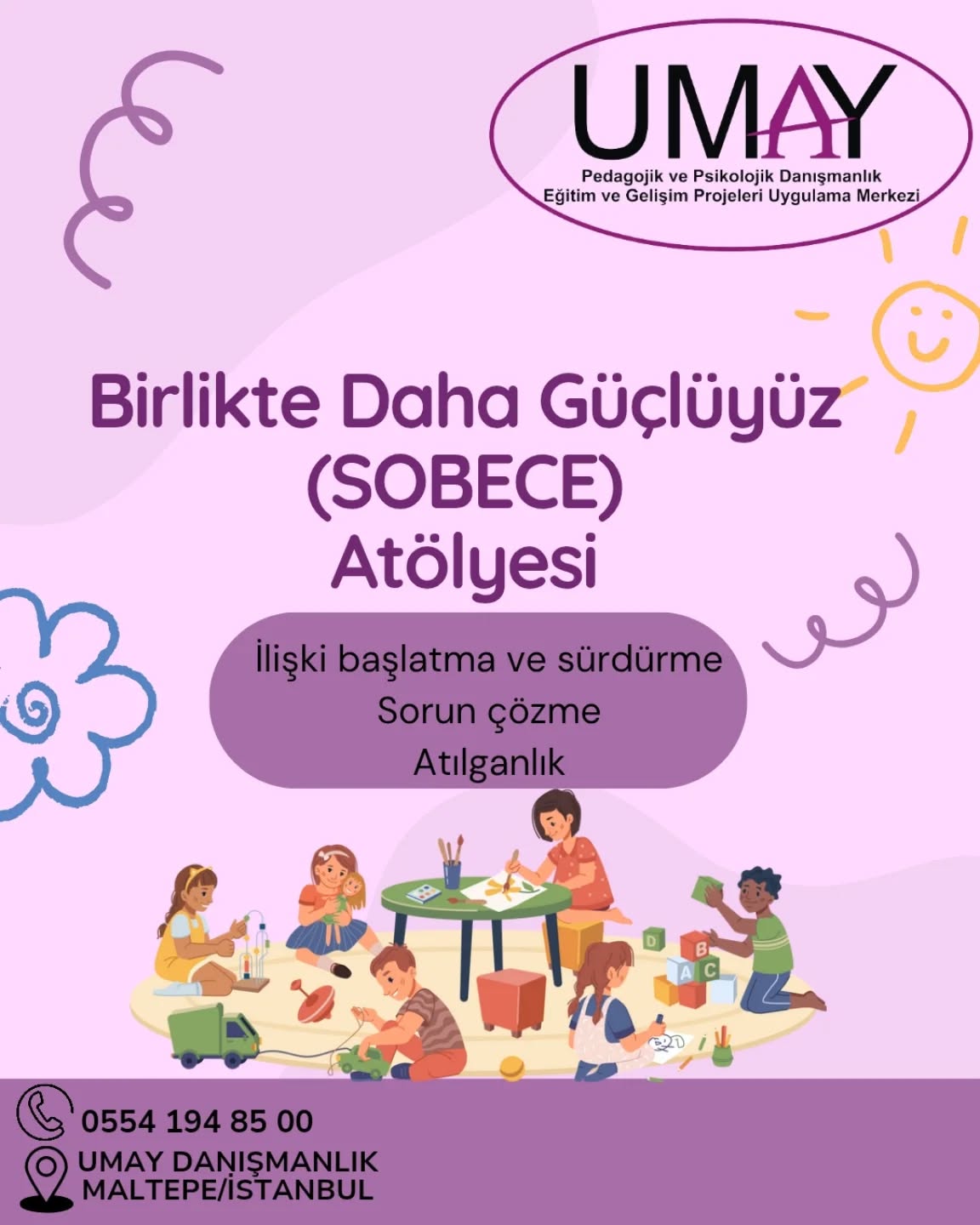 🎈 Sobece Oyun Atölyesi başlıyor!
Çocuklar artık oynarken öğreniyor, keşfederken gelişiyor! 🌱
Bu atölyede;
🧠 Dikkat,
🎭 Duygusal farkındalık,
🤝 Sosyal beceriler,
👣 Motor gelişim,
🎲 Stratejik düşünme destekleniyor!
Her oyun bir keşif, her keşif bir adım!
Sınırlı kontenjanla açılacak bu keyifli buluşmalarda yerinizi ayırtmak için bizimle iletişime geçin.
☎️ Kayıt ve detaylı bilgi için arayarak bize ulaşabilirsiniz. 0554 194 85 00
#SobeceOyunAtölyesi #ÇocukAtölyesi #OyunlaÖğrenme #DikkatGelişimi #SosyalBeceri #PsikolojikDanışmanlık #ÇocukGelişimi #OyunTerapi #EtkinlikÖnerisi #AtölyeZamanı
#psikolog #pedagog #maltepepsikolog #maltepepedagog #çocukpsikolojisi #çocukgelişimi #ruhsağlığı #annebabaçocuk #ailedanışmanlığı #ebeveyndanismanlik #çiftterapisi #yetişkinterapi #terapist