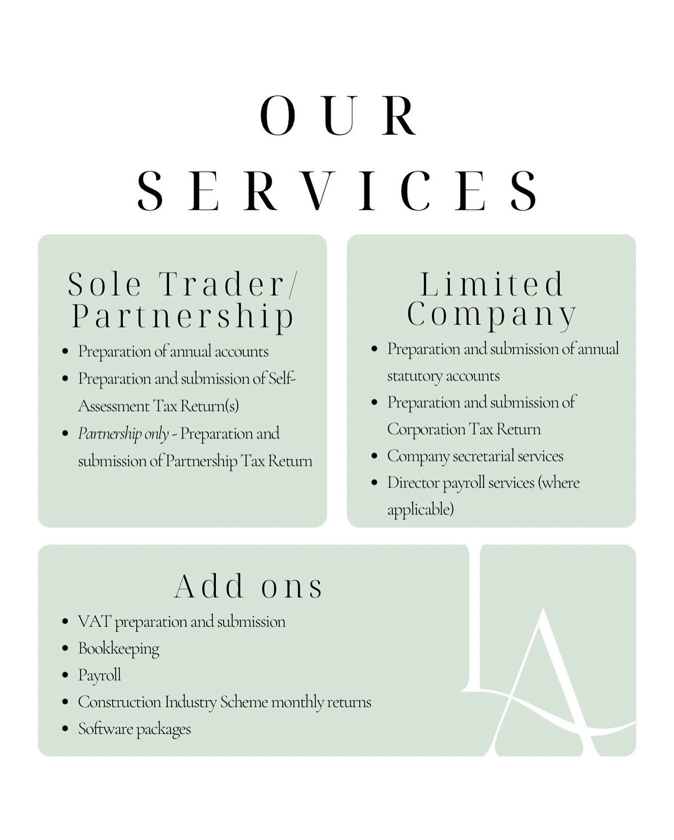 Hey 👋🏼 here’s some of the services we offer, if you’re looking for an accountant and don’t know where to start send us a message and we’d love to help!