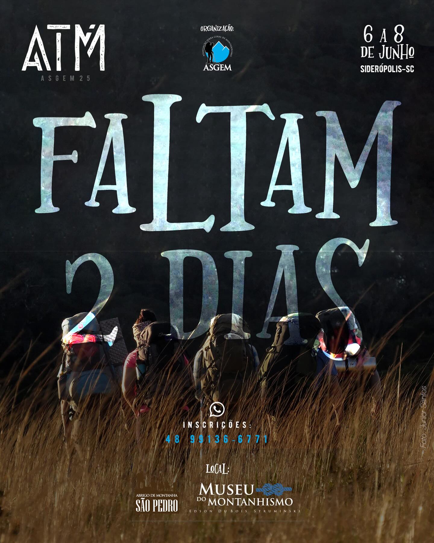‼️FALTAM 2 DIAS‼️
Estamos deixando tudo pronto para nosso incrível evento.
Organize-se e confirme sua presença, o link está em nossa Bio.
#atmasgem25 #asgem #serrageral #sideropolis #montanhismo #trekking #escaladabrasil #campinglifestyle