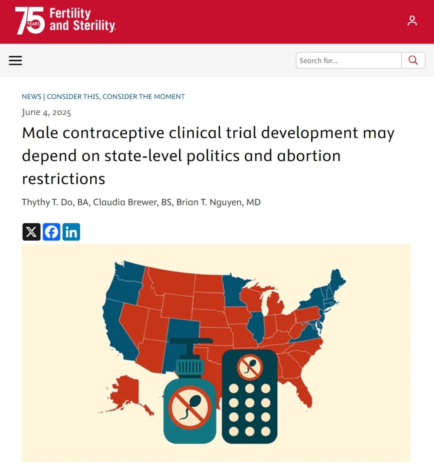 Incredibly proud of new @uscedu graduate Thythy Do for this newly published perspective on the @fertilitysterility website, highlighting the negative association of state-level abortion restrictions and interest in male contraceptive clinical trials. While rare, unplanned pregnancies in clinical trials do happen and when they do, couples need the option to choose abortion. Abortion restrictions in states limit the number of states where these trials can thus take place, further slowing the timeline to getting @malecontraception on the market.
https://www.fertstert.org/news-do/male-contraceptive-clinical-trial-development-may-depend-state-level-politics-and