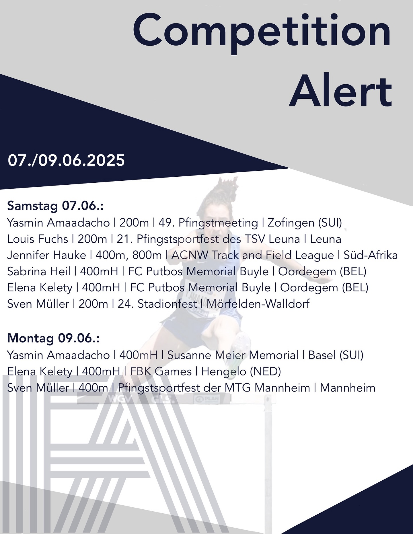 Volles Pfingstwochenende für unsere FA-Athleten! 🔥
Am heutigen Samstag freuen wir uns über gleich 6 unserer Athleten und Athletinnen 😮💨:
.
Über die 200m-Unterdistanz jagen jeweils @yasmin.amaa in der Schweiz, @sven_mr04 in Mörfelden und @__louisfuchs__ in Leuna Top-Zeiten! ⚡️💥
.
@jenniehauke geht in 🇿🇦 direkt doppelt an den Start und läuft bei einem Trainings-Wettkampf 400m und 800m 🔥🔥.
.
Währenddessen sind @elena.kelety und @sabrina.heil in 🇧🇪 in Oordegem über 400mH am Start 🚧💪
.
Am Pfingstmontag gibt es dann den zweiten Wettkampf in kurzer Zeit für Yasmin, Elena und Sven. Yasmin jagt in Basel dieses Mal über 400m ihre Bestzeit, Elena darf bei den HBK Games in Hegelo an den Start und Sven läuft in Mannheim beim Pfingstsportfest der MTG 400m! 🙌⚡️
.
.
Wir wünschen allen unseren Athleten viel Erfolg bei ihren Starts an diesem Pfingst-Wochenende und sind auf die Resultate gespannt 🤩.
.
.
.
#frankfurtathletics #Fa #germanyathletics #faster #higher #further