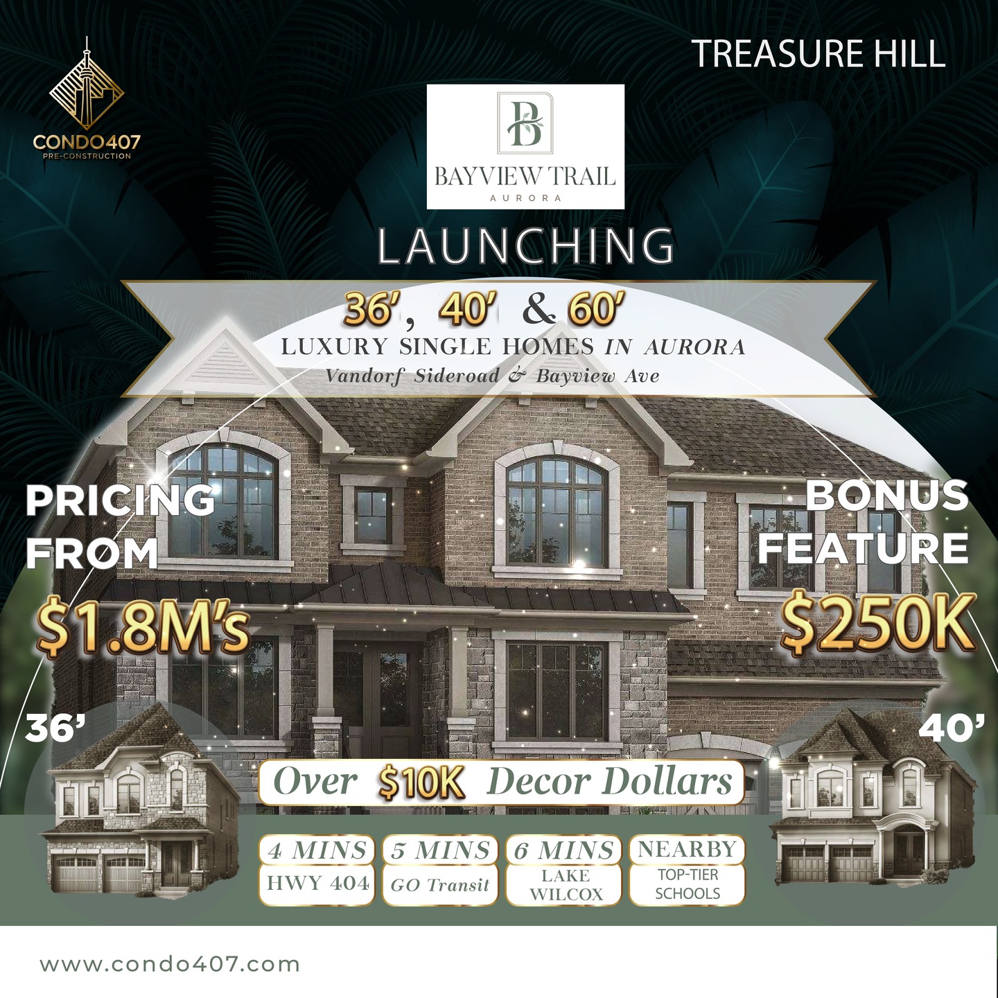 🌟 BAYVIEW TRAIL is in Aurora! 🌟
📍Located at Vandorf Sideroad and Bayview Avenue
🏰 Luxury estate homes with 3-car garages
🌳 Surrounded by stunning nature trails
🏠 10-ft ceilings on the 1st floor \ 9-ft ceilings on the 2nd floor
🌲 Red oak hardwood flooring throughout
🚿 Frameless shower enclosures
⏰ Occupancy in 2026
Contact us, and let us book an appointment for you!
#treasurehillhomes #condo407 #toronto #toronto #richmondhill #scarborough #markham #torontorealestate #torontorealestateagent #aurora