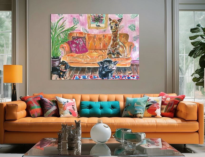 My #painting ‘Dream House’ found a perfect #sofá match to vibe with 🛋️ With an #alpaca #pig and #sausagedog could this #livingroom scene be any more dreamy? What’s your idea of a dream sitting room? Would it look like this?!? You can buy this #orginalworkofart printed on canvas or museum quality paper, framed or unframed with free worldwide shipping! Please do check out my website where I have this and a lot more available 💕 www.emilybodhi.com