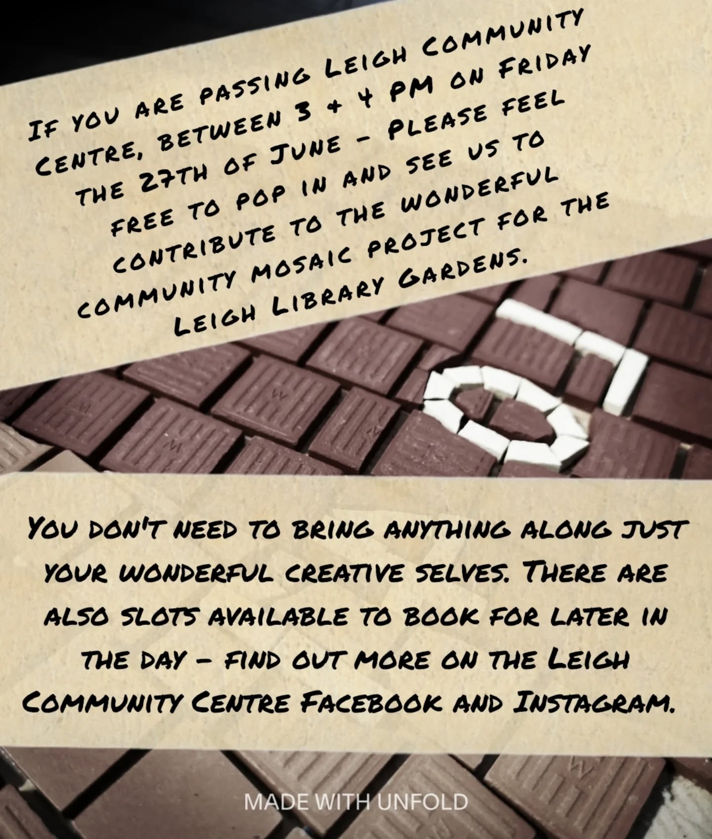 🎨 Mosaic Workshop 🎨
If you are passing Leigh Community Centre, between 3 & 4 PM on Friday the 27th of June - Please feel free to pop in and see us to contribute to the wonderful community mosaic project for the Leigh Library Gardens.
✨You don't need to bring anything along just your wonderful creative selves. ✨
🕓 There are also slots available to book for later in the day - find out more on the Leigh Community Centre Facebook and Instagram.
Sneak peak of the design in this photo, but can the eagle eyed work out what it might be a glimpse of?
@leighonseacommunitycentre
@love.leighonsea @leighonseacom