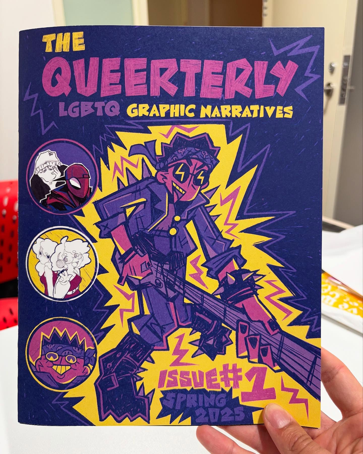 Today was the launch for our inaugural LGBTQ student comics anthology, The Queerterly, and I couldn’t be more proud! I co-led the project with LaGuardia English Professor Sonia Alejandra Rodríguez, mentoring five students who received stipends to participate over the fall & spring semesters. They took part in all aspects of producing the comic, from interviewing & scripting, to illustration & book design. Their stories depict a diverse cross section of lived experience on campus spanning genders, sexual orientations and cultures.
This publication was made possible by generous funding from the New York City Council Lesbian, Gay, Bisexual, Transgender, Queer, Intersex, and Asexual Caucus, with support from The CUNY LGBTQIA+ Consortium and the LaGuardia & Wagner Archives.
The Queerterly Issue 1 includes three original autobiographical stories from current LaGuardia students: “Life in Between” written by Spidey (Business Administration) with illustrations by Elijah Sy (Fine Arts) and Arnold Tatis-Algarin (Fine Arts), uses the character Spider-Man as a metaphor to explore code-switching between cultures as a trans youth; “My Dad’s 80’s Costume Party” written and illustrated by Donivan Bonilla (Fine Arts), is a youthful exploration of queer fashion during a family costume party, resulting in both self- and family acceptance of awakening sexual identity; and “Honesty” written and illustrated by Alexander Gomez (Fine Arts), tells a gripping story about leaving behind self-doubt as the catalyst to understanding one’s trans identity.
We made a fairly limited initial run of physical copies, but feel free to DM to inquire about availability. I’m also happy to share a digital link.
Happy Pride!! 🌈 🥳 🏳️🌈 🎉 🏳️⚧️🎊