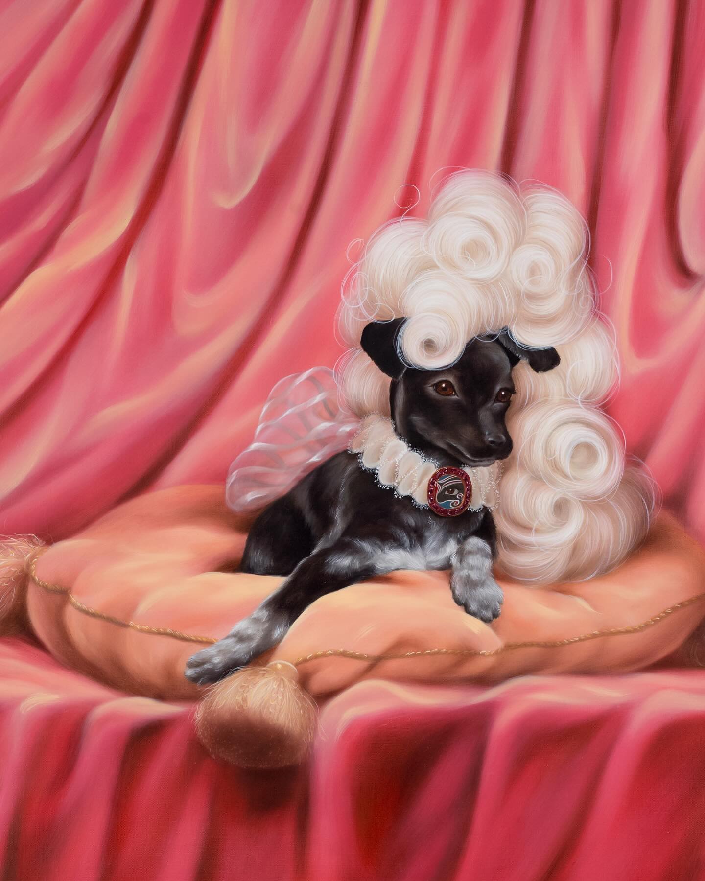 Part of Xu’s ‘Society Portrait’ series, 𝒰𝓃𝓉𝒾𝓉𝓁𝑒𝒹 (𝒮𝑜𝒸𝒾𝑒𝓉𝓎 𝒫𝑜𝓇𝓉𝓇𝒶𝒾𝓉 - 𝐿𝑒 𝒫𝑜𝓊𝒻 𝒮𝑒𝓃𝓉𝒾𝓂𝑒𝓃𝓉𝒶𝓁) features an elaborately adorned Chihuahua. This series was inspired by Andy Warhol’s society portraits, and within this Xu treated the painting of animals exactly as she would people.
The dog sits proudly on a sumptuous cushion, its tiny head crowned with a wig, inspired by one of the most sensational wig and hair styles of the 18th century – the pouf. Found among the women courtiers of Louis XVI and Marie Antoinette in France.
Xu’s subject is surrounded by fine fabric, and has a little Chinese opera mask on its collar.
𝒰𝓃𝓉𝒾𝓉𝓁𝑒𝒹 (𝒮𝑜𝒸𝒾𝑒𝓉𝓎 𝒫𝑜𝓇𝓉𝓇𝒶𝒾𝓉 - 𝐿𝑒 𝒫𝑜𝓊𝒻 𝒮𝑒𝓃𝓉𝒾𝓂𝑒𝓃𝓉𝒶𝓁)
2024 - 2025
Oil on linen
70 x 60 cm
𝐹𝑜𝓇𝑔𝑒𝓉 𝑀𝑒 𝒩𝑜𝓉
Château de Lantheuil
12 June - 10 July
Weds-Sun, 2.30 - 6.30pm
Images by Xu Yang. Courtesy of the artist.
#lucyvongoetz #XuYang #ForgetMeNot #XuYang_Art #vongoetz #chateaudelantheuil
www.vongoetz.uk