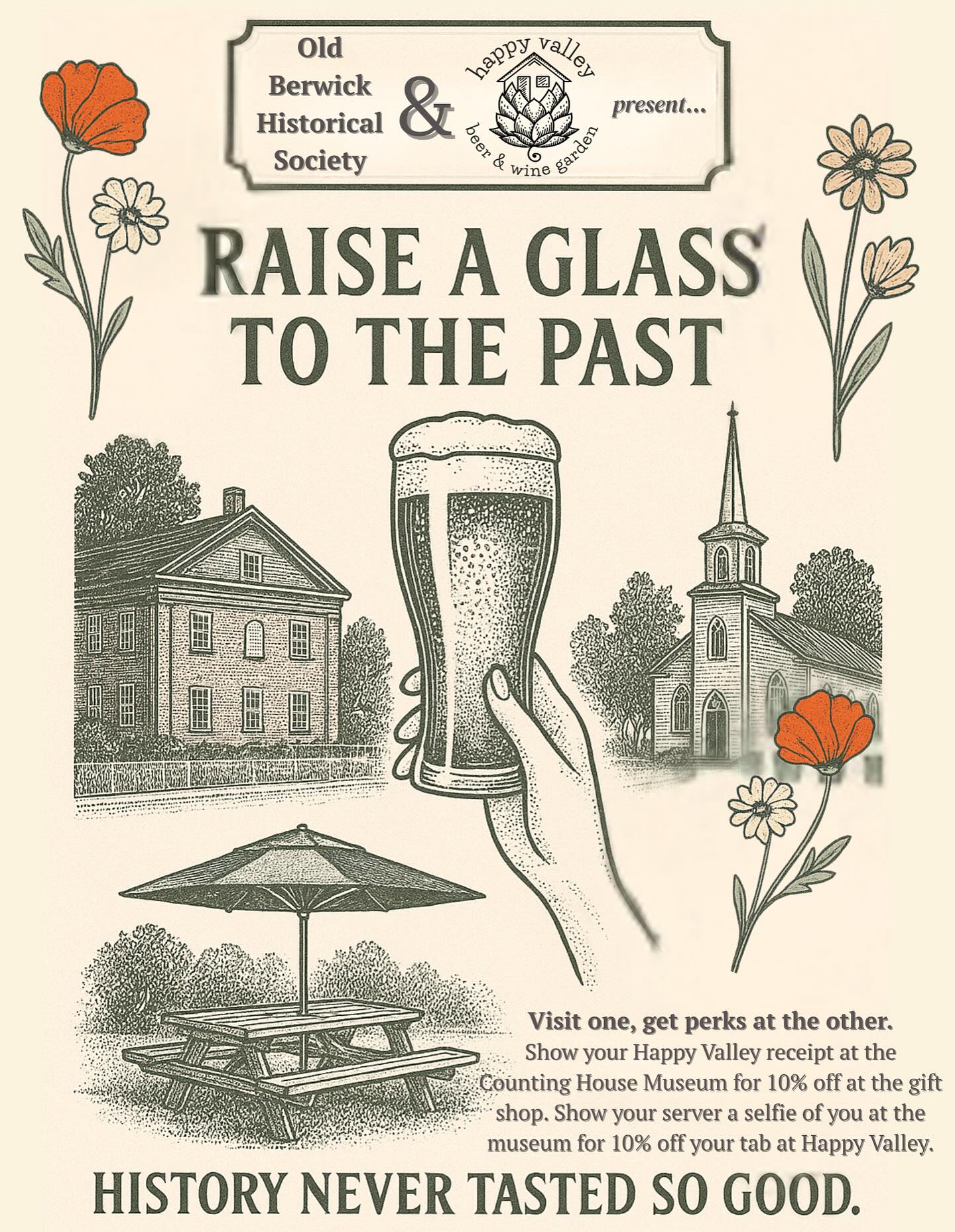 Happy Valley isn’t just the name of our beer garden—it’s a nod to the history of a brookside neighborhood in South Berwick—home to mill workers, French-Canadian families, and generations of everyday Mainers who made this town hum. We pay homage to those who lived before us full of life, grit and community spirit.
We’re teaming up with the Old Berwick Historical Society to honor that legacy with a special collab!
Visit one, get perks at the other.
Check out their newly launched exhibit to learn more about Happy Valley’s history, starting Saturday, June 7th.
Show your Happy Valley receipt at the Counting House Museum for 10% off at the gift shop. Show your server a selfie of you at the museum for 10% off your tab at Happy Valley.
#SouthBerwick #SouthBerwickME #HappyValley #OBHS #MaineHistory #BeerAndHistory #RaiseAGlassToThePast #SupportLocalHistory #countinghouse