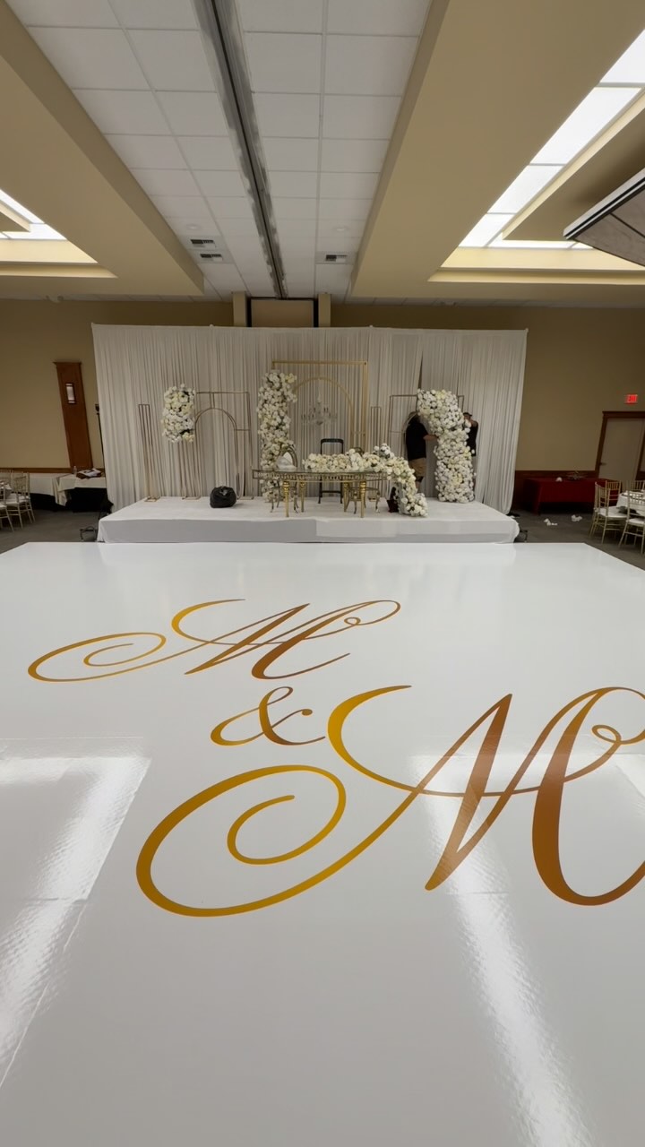 30x30 ft dance floor with glossy white wrap and initials at Wyndham Visalia
#floorwrap #dance #dancefloor #dancefloordesign #dancefloorwrap #floordesign #floorwrap #vinyl #vinylwrap #welcomesign #welcomesigns #welcome #jaggo #reception #venue #banquet #bride #reception #groominspiration #groom #brides #bride #fyi #viral #insta #design #vintage #wrap #sangeet #indianweddings #Punjabiwedding