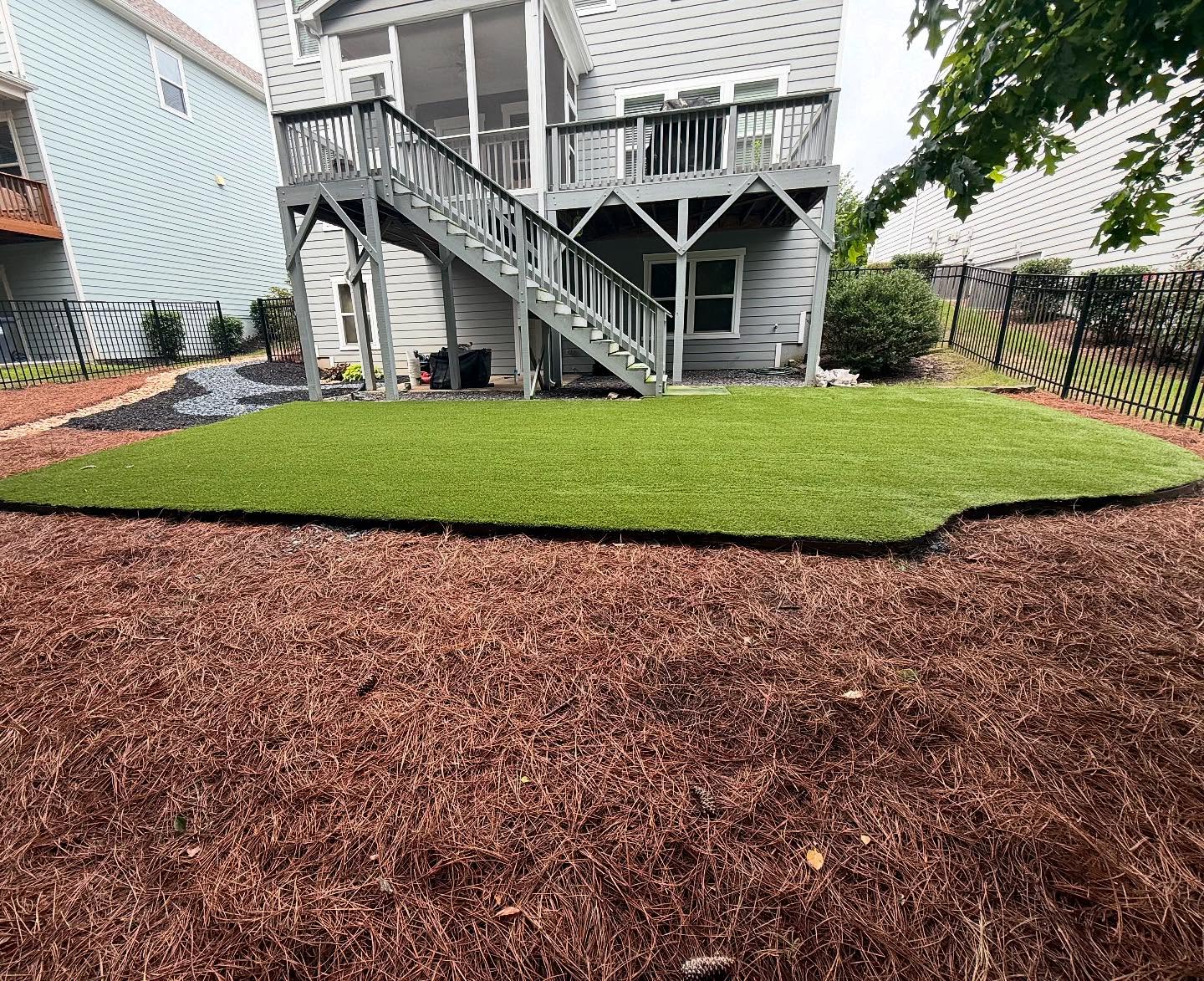 Soggy yard solutions! Simple yet sophisticated. This customer has the most adorable matching corgis that needed a nice spot to do what dogs do best, roll around and play. So we gave them the ultimate play spot. We install artificial turf with envirofill sand infill. This infill prevents the stench of dog urine when applied properly, so that, this turf is enjoyable for everybody!
#atl #atlantadrainageprofessionals
#fixitonpurpose
#fixitwithintention
#fixitwithcreativity