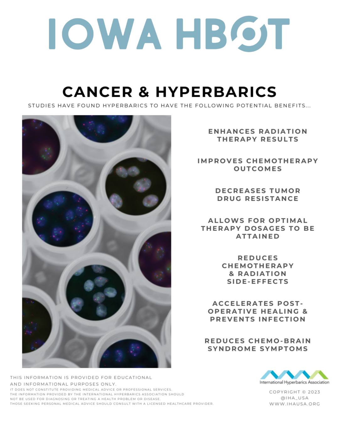 Check out this blog on Cancer & Hyperbarics!
https://www.iowahbot.com/post/cancer-hyperbarics-1
Hyperbaric Oxygen Therapy (HBOT) is emerging as a supportive therapy in cancer treatment. Research has found HBOT to offer the following potential benefits:
- Enhances radiation therapy results
- Improves chemotherapy outcomes
- Decreases tumor drug resistance
- Allows for optimal therapy dosages to be attained
- Reduces chemotherapy & radiation side effects
- Accelerates post-operative healing & prevents infection
- Reduces chemo-brain syndrome symptoms
Call us at 515-421-4018 to book a free consultation.
#CancerSupport #HBOT #HyperbaricOxygenTherapy #CancerCare #ChemoSupport #RadiationTherapy #HealingWithHBOT #IowaHBOT #IntegrativeOncology #Hyperbarics