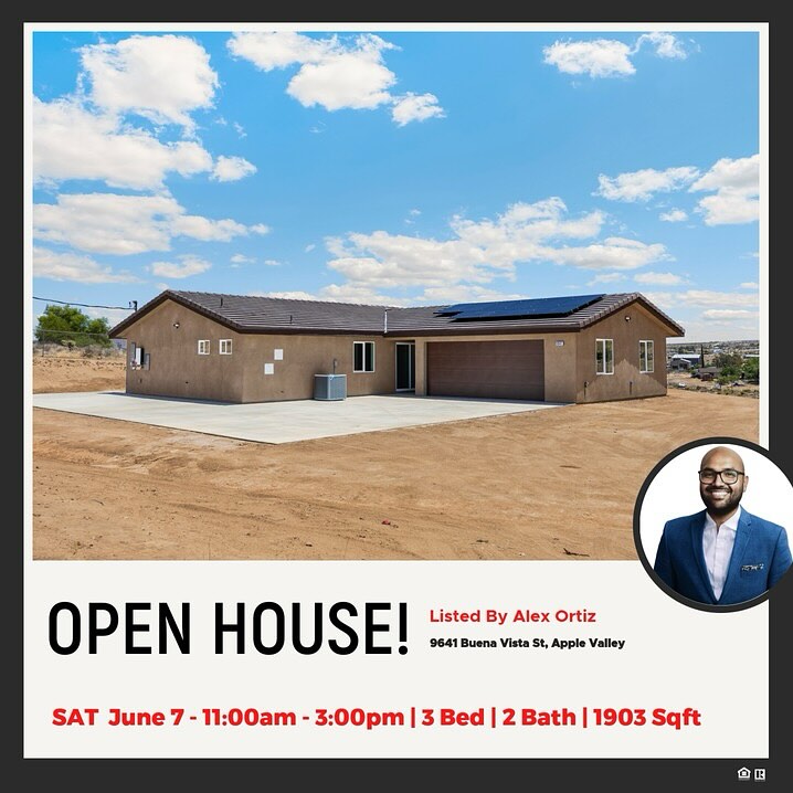 π¨ OPEN HOUSE ALERT! π¨
π‘ Brand NEW home just built in 2025 β and youβre invited to come see it in person!
π 9641 Buena Vista St, Apple Valley
ποΈ Saturday, June 7th
β° 11:00 AM β 3:00 PM
β
3 Beds | 2 Baths
β
RV-Sized Parking
β
Paid-Off Solar βοΈ
β
Huge 38,000+ Sq Ft Lot
Come tour this beautiful open floor plan, cozy up to the fireplace π₯, and imagine the possibilities on all that land π΅π
π¬ Swing by, say hi, and letβs talk about making this your next home!
Hosted by Alex Ortiz | Re/Max Time
π 949-774-8692
DRE 01413027
#OpenHouse #AppleValleyLiving #NewConstructionHome #DesertDreamHome #ReMaxTime #HouseGoals #SoCalRealEstate