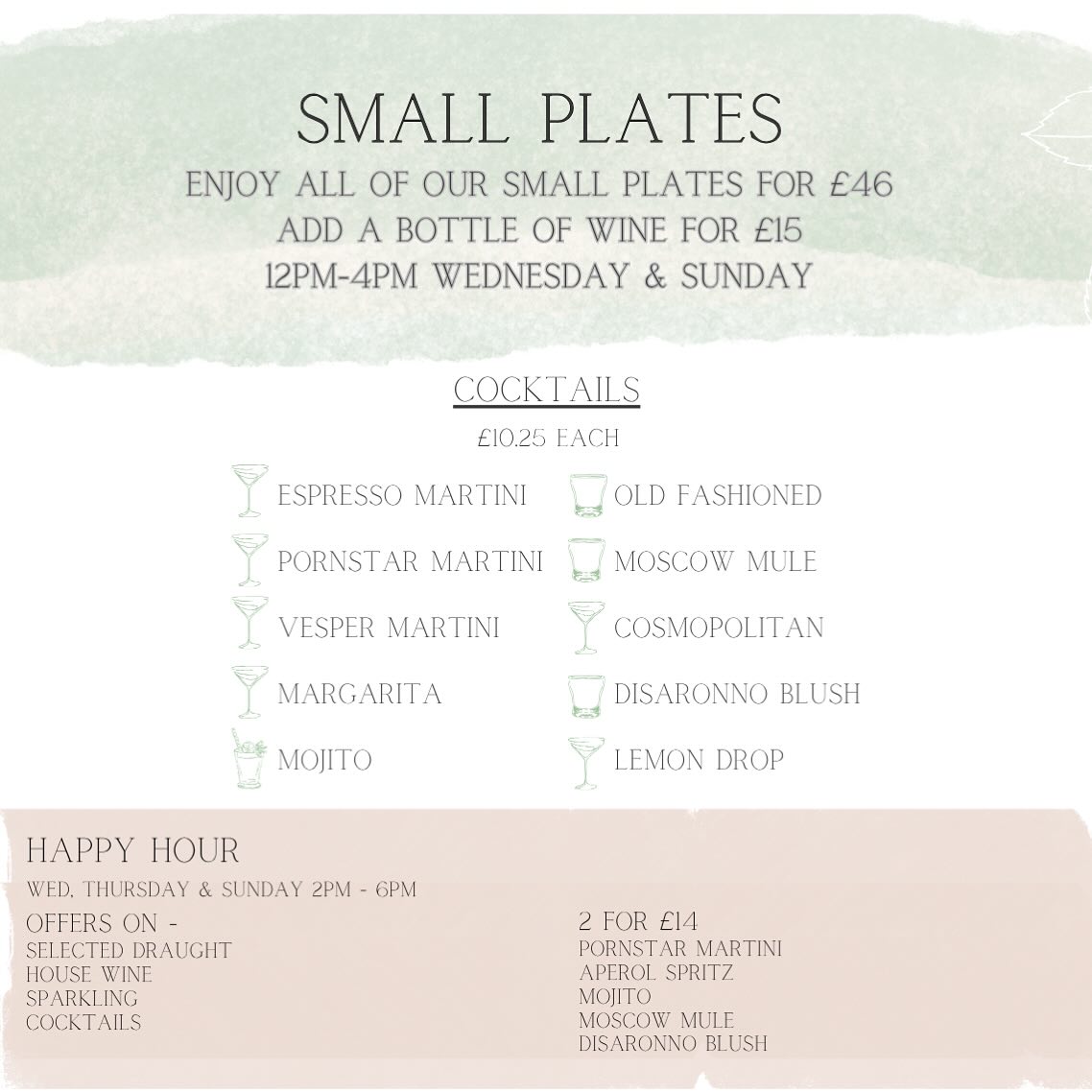 The wait is over! Happy hour(s) returns with unbeatable offers on Wednesday, Thursday, and Sunday. Don't miss out!
