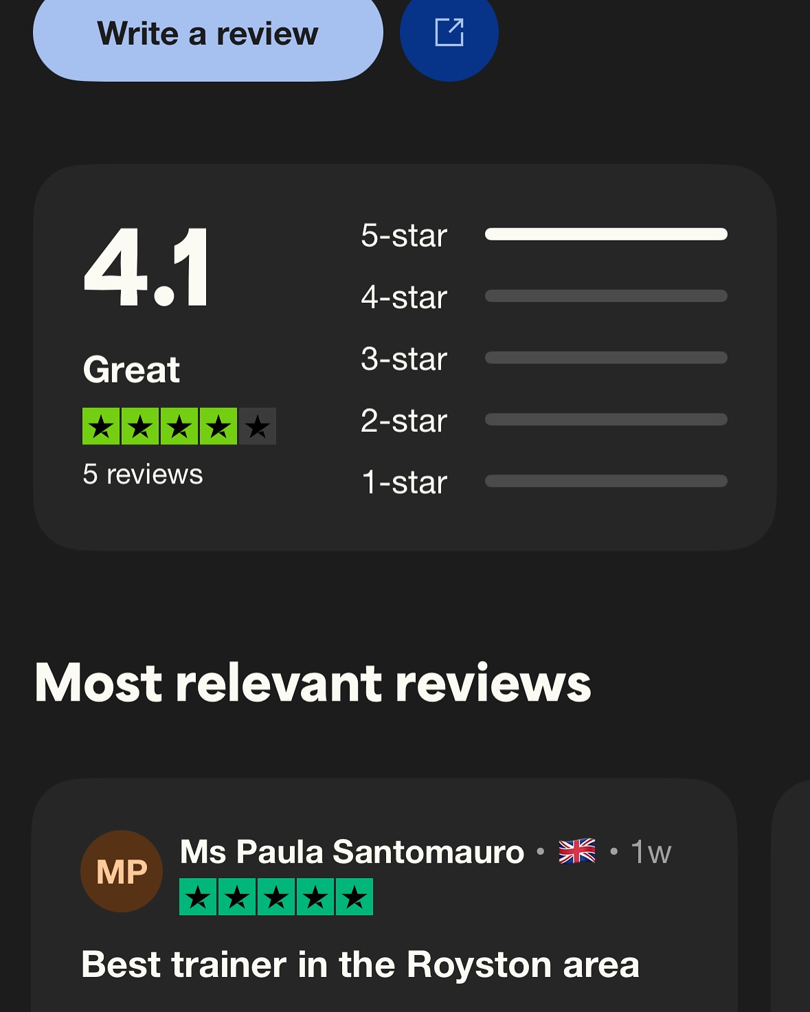 Some of our reviews below:
https://uk.trustpilot.com/review/ohfit.co.uk
My trust pilot has just been created! If you have been a previous client of mine please pop one in it would be much appreciated😁💪🏼
Looking forward to working with many more of you!
https://www.ohfit.co.uk