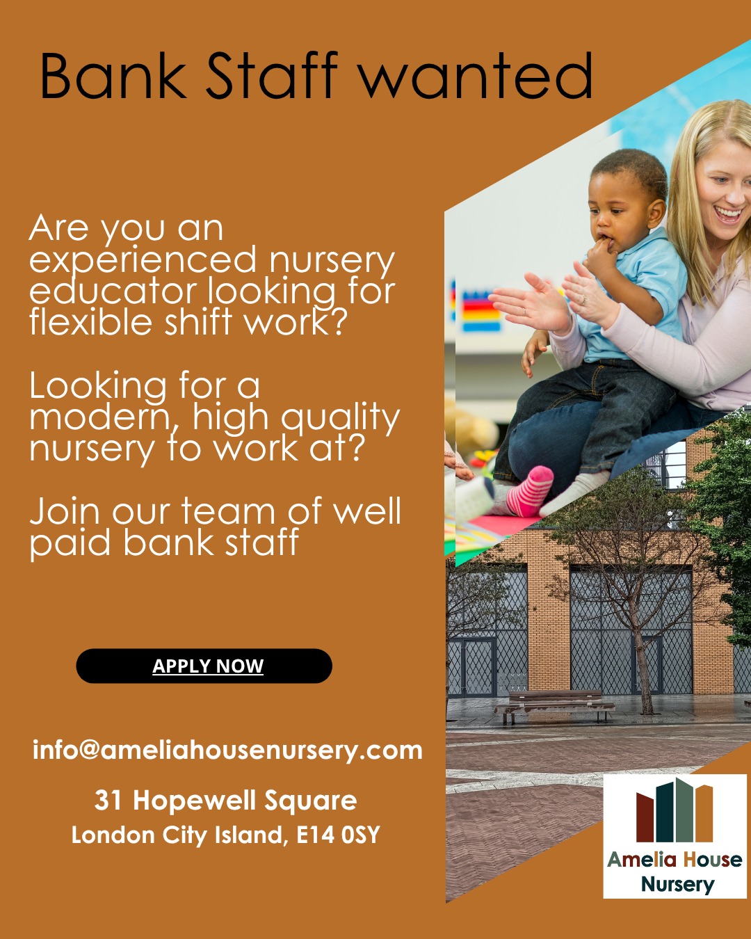 Join our growing team of the best early years educators. Contact us for more information about our flexible bank staff opportunities.
www.ameliahousenursery.com
#nurseryjobsinlondon #childcarejobs #londoncityisland #canningtown #canarywharfjobs #TowerHamlets