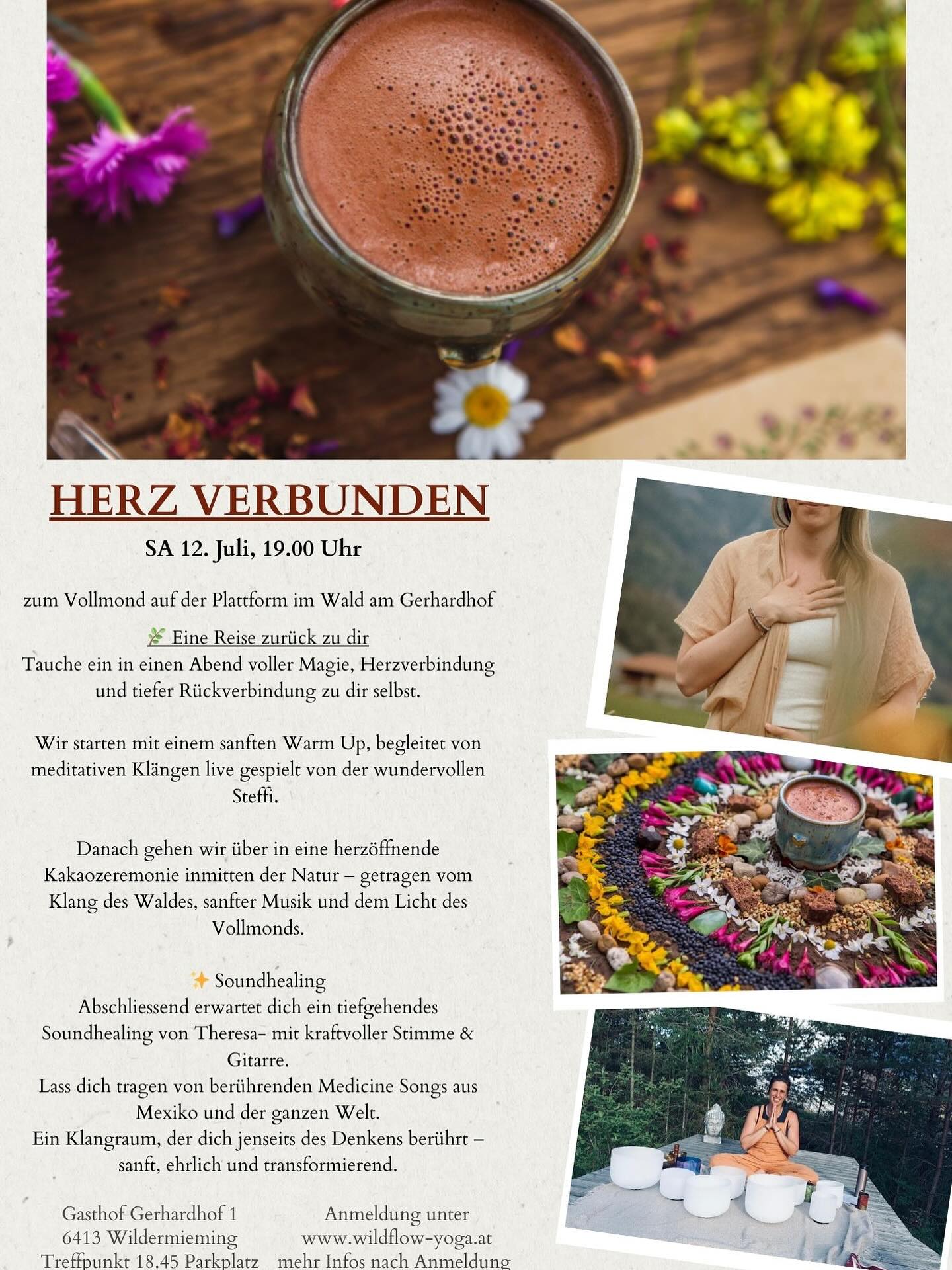 HERZVERBUNDEN durch den Sommer ☀️
Schaut mal was es am 12. Juli in Wildermieming schönes gibt! Ein ganz besonderer Abend voller Herzenswärme, Natur, dem Vollmond und wunderbaren Menschen!
Dieses Mal LIVE mit einer Soundhealerin die uns mit ihrer Stimme und ihrer Gitarre jenseits von Raum und Zeit katapultieren wird 🎶
Wer mag kann auch am Gerhardhof mit dem Zelt/ Camper oder im Glampingzelt übernachten (vorherige Reservierung nötig!)
Lets create Magic together✨💗
#cacaounderthemoon #sacredgathering #miemingerplateau #soundjourney #soundhealing