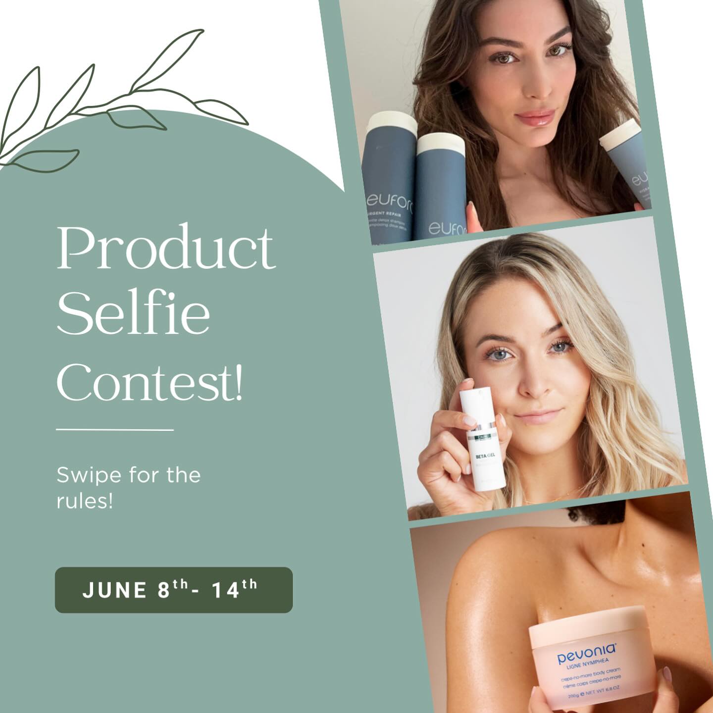 Selfie Contest Alert!📸🌿
We’re celebrating confidence, great skin and gorgeous hair with a Eufora, DMK & Pevonia Selfie contest!✨
Whether your glowing from a DMK skin treatment or rocking your healthiest Eufora-treated hair, we want to see YOU shine. Show off your results with a Selfie and your favorite Eufora, DMK or Pevonia product, and have a chance to win 1 full size product from us. Be sure to include your favorite product with your selfie for your chance to win that item for free!🎉
Here’s how to enter:
🌿Post your selfie to your feed and story. Be sure to include your favorite Eufora, DMK or Pevonia product .
🌿Tag & Follow @couture_salon_spa @radiantskinbyjackie @sammiestyles_ @hairtherapy_byeileen @hairluvgrace
🌿Mini caption on why you love the specific product in your post
Winner gets (1) full size product (from their selfie). Contest runs from June 8th - 14th, winner will be announced June 15th.🤭
Glow up. Show up. Snap that selfie, we can’t wait to see your results! ✨