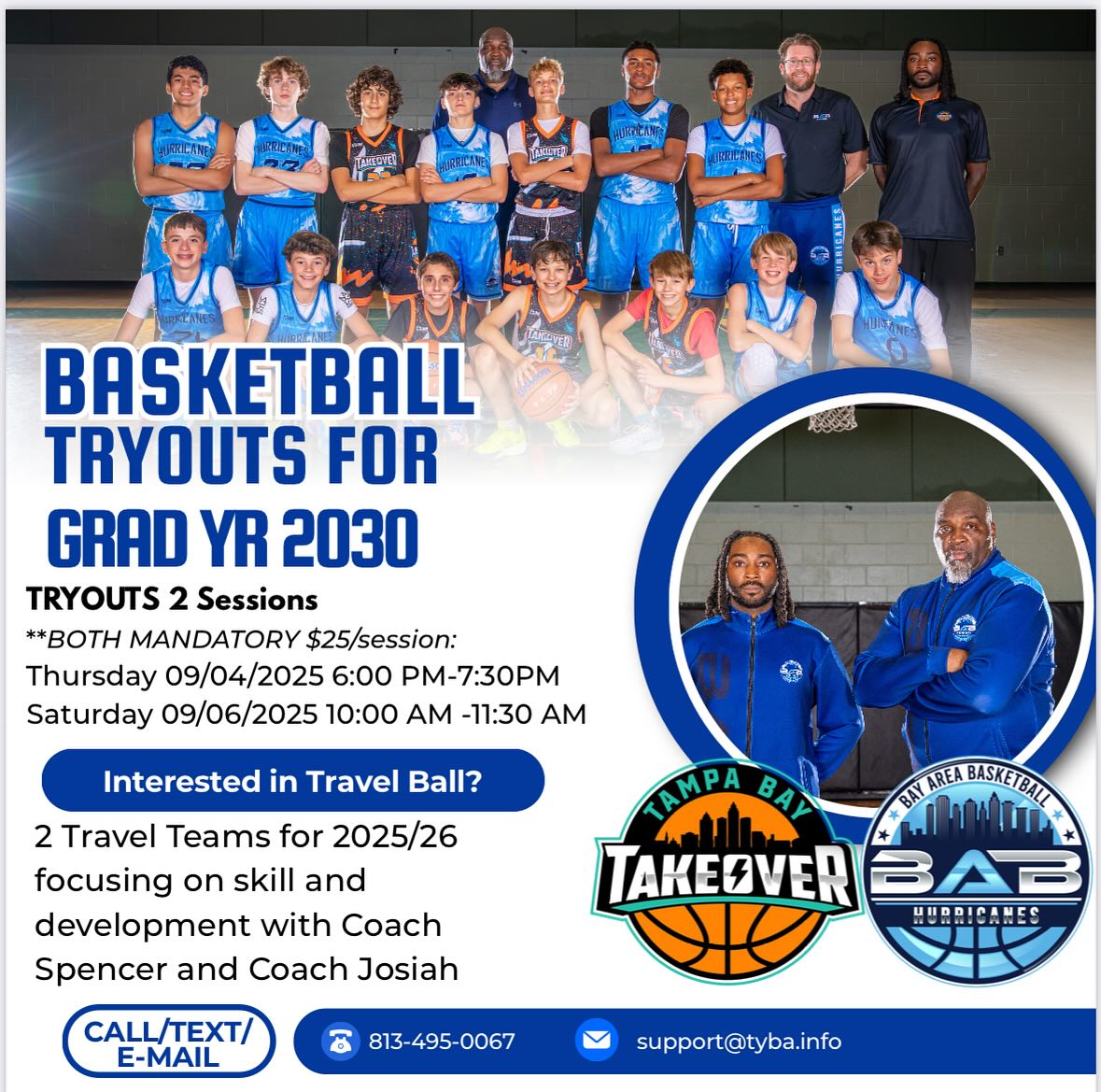 Attention graduating class of 2030 (rising 8th graders) : official Bay Area Basketball tryouts this September. Two teams. Tampa Bay Takeover / Hurricanes. For information, please email: support@tyba.info or call 813.495.0067.