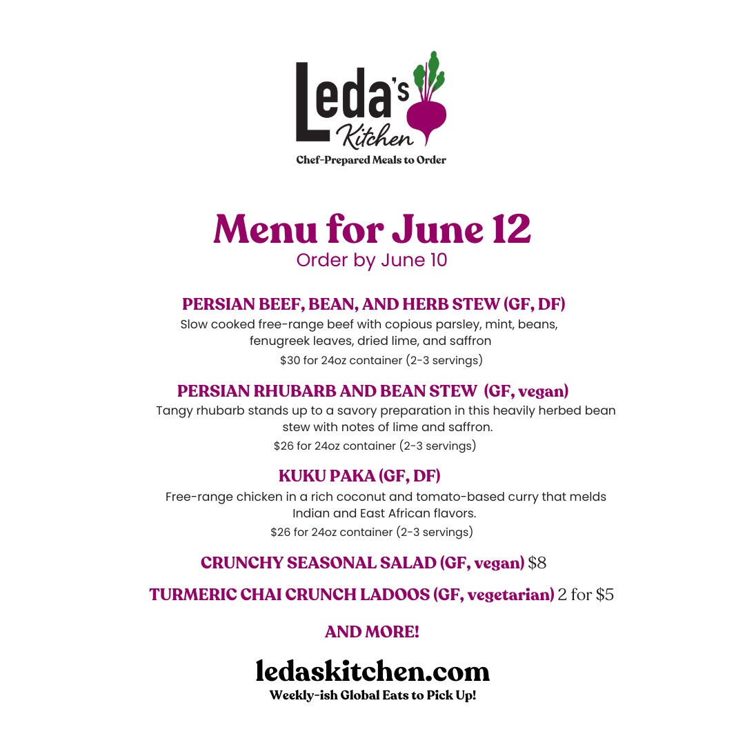 To order, just follow these three simple steps!
1. Place your order by Tuesday at 7PM on weeks when I'm cooking (link in bio).
2. Look for your confirmation email with the pickup address.
3. Collect your meals on Thursday between 4 PM to 7 PM or by another arrangement.
About: At Leda's Kitchen, I draw on my adventures as a private chef, cookbook author, and co-owner of Dosa Kitchen Food Truck to offer weekly-ish gluten-free heat-and-eat meals designed to awaken your senses and fit seamlessly into your schedule. My menus feature curries, stews, nourishing soups and stews inspired by diverse food traditions. I cook with high-quality ingredients including free-range meats and focus on local and organic sourcing. You decide when to eat, as all dishes are designed to reheat beautifully, maintaining or even increasing their original deliciousness.