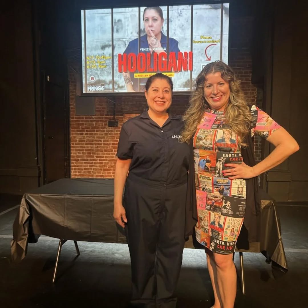 With my AWESOME Co Producer Jessica Lynn Johnson at this afternoon's rehearsal....her dress has pics of all the shows of her clients at this year's Fringe!