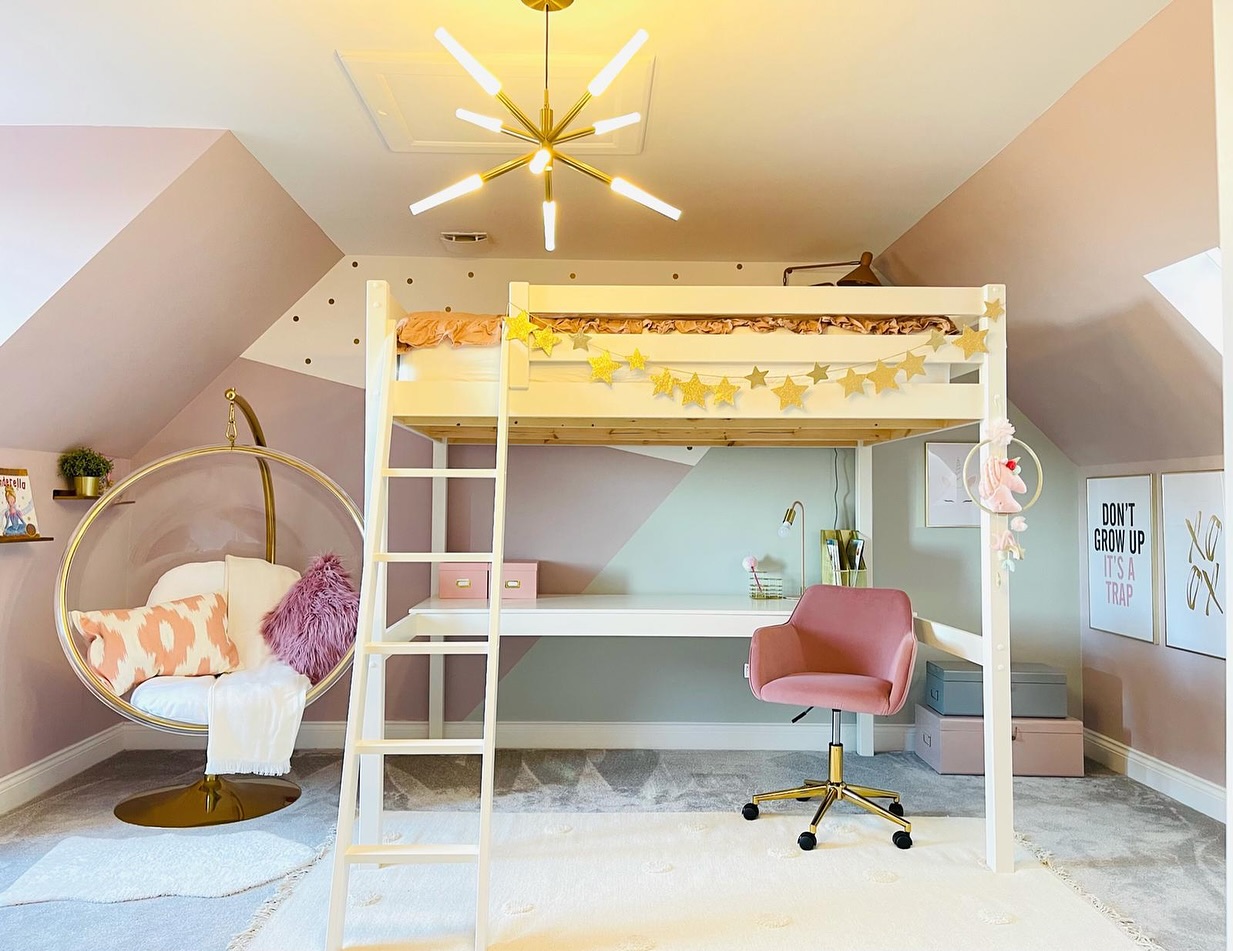 Loft bedrooms ✨
Loft bedrooms can be tricky with the slanted ceilings making the room feel a lot smaller.. but that doesn’t mean you still can’t make the most of the space & add lovely items to make it feel complete.
This room was completed in 2021 and it’s still really nice although now, to elevate the space even more I would be suggesting to paint the skirting & ceiling in the same pink as the walls - doing this will make the room feel even bigger, a great tip when decorating loft rooms.
The cabin bed wouldn’t be a first choice for a loft room either, this was a requirement requested by the client, a single or double bed would be better suited however it’s still a super fun room & hopefully being enjoyed by our older girl client (if she still fits up there! 😉)
Got an older daughter that needs a new room to suit her style & interests? A place for her to enjoy hanging out & making memories with her friends? Get in touch… we’d love to help 💖