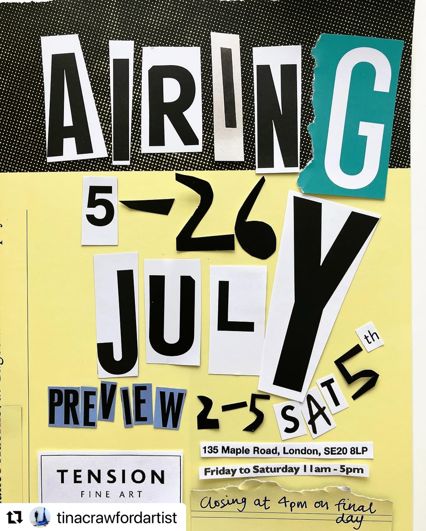 #Repost @tinacrawfordartist
Monday shout out for the lovely and very talented Tina Crawford who’s part of a group show at Tension Fine Arts PV this Saturday. Can’t wait 😊🌟🌟
・・・
Really looking forward to this and an even more delighted to announce I have a piece included!
I do hope you can come.
AIRING:
1. An exposure of linens to fresh air
2. A public expression of an opinion.
5th - 26th July, 2025
@tensionfineart Fri and Sat, 11am - 5pm
Closing at 4pm on the final day
Preview: 2 - 5pm, Sat 5th July
Coffee Morning: 11am, Fri 11th July
Artists’ Talk: 2pm, Sat 19th July
A group exhibition which invites viewers to engage with thread as both medium and metaphor. Revealing stories, textures, and tensions within the delicate, yet resilient, fibres of artistic practice.
artists:
@georgie_bates_studio
@marciabennettmaletextile
@rihanatabigey
Sarah Coviello
@tinacrawfordartist
@helendavies_yarnartist
@emilyjogibbs
@fiona.hingston
@woojinstudio
@arrnnie
@sumi_perera
@s.rileyart
@sallyspinks.art
@sato_sugamoto
@radicalembroiderer
@whitstabletail
@wolfandwilding
@janelwood
@messua_pw
Curated by @alisonaye with thanks to @tensepressure and @ca3hin