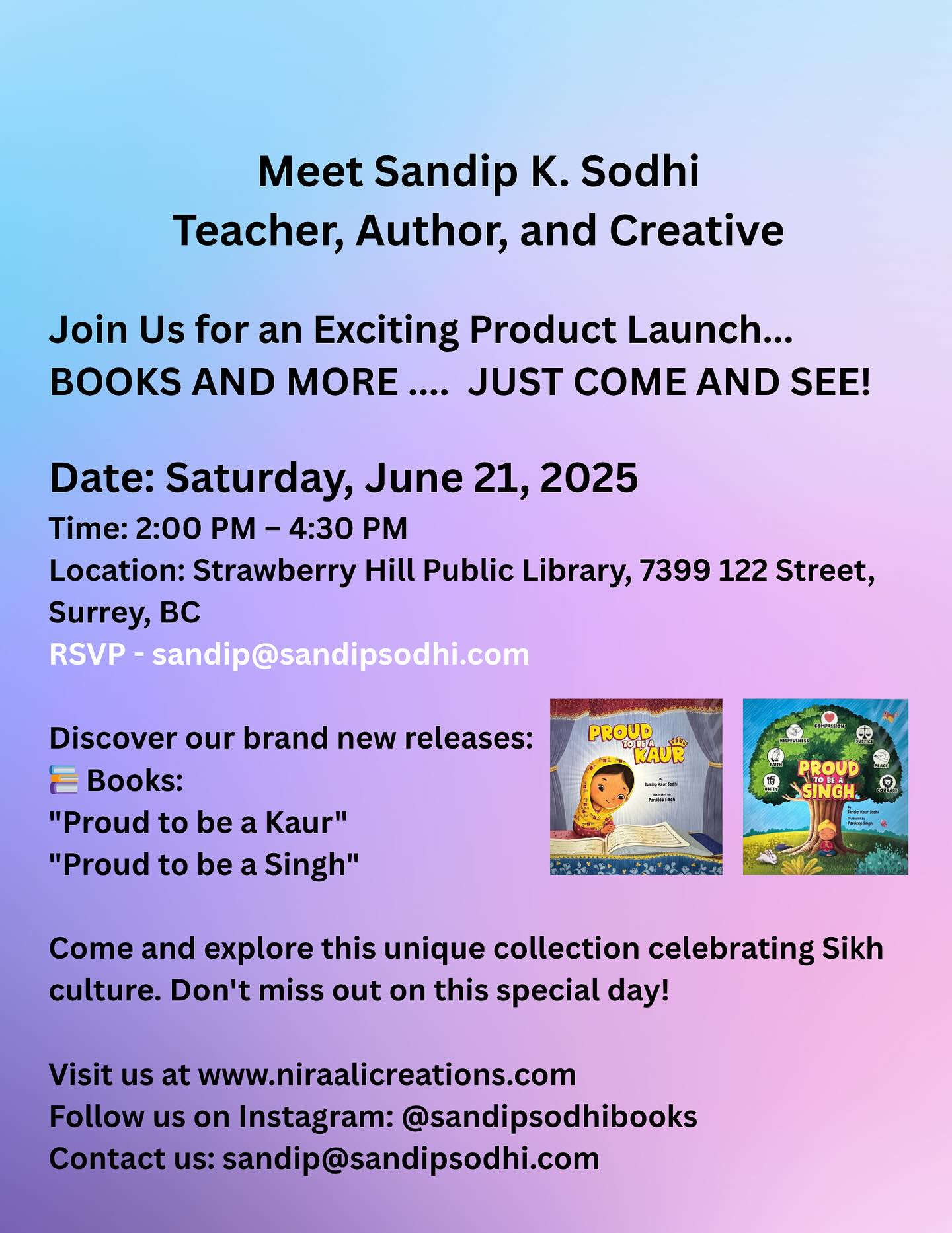 Join us on June 21, 2025 for our new books and products. It’ll be an “open house” style of a launch, so feel free to drop in, enjoy some snacks, and get your books signed. Part proceeds will be donated to @canuckplace.
#childrensbooks #diversity #sikhi #bipocauthors
