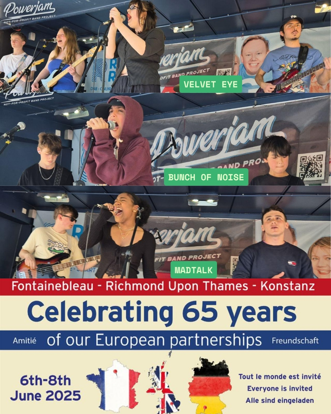 2 free concerts this weekend with Powerjam bands in celebration of Richmond’s European partnerships with France (Fontainebleau) and Germany (Konstanz), broadcast live by Riverside Radio!!! Tomorrow, June 7th, from 12:15pm-1:30pm just behind Richmond Riverside stairs, Powerjam bands Bluezd, Minor Rev, Bunch of Noise, Velvet Eye and MadTalk take to the stage! Then this Sunday, June 8th, from 3:40pm, Powerjam bands ’Static Haze’ & ‘Onda’ perform in the Twickeham York House gardens! @thisisriverside @visitrichmond @richmondineurope #powerjam #powerjambandproject #richmonduk #twinning❤️ #VisitRichmond #Richmond #yorkhouse #RichmondLondon #Twickenham #RichmonduponThames #richmondbridge