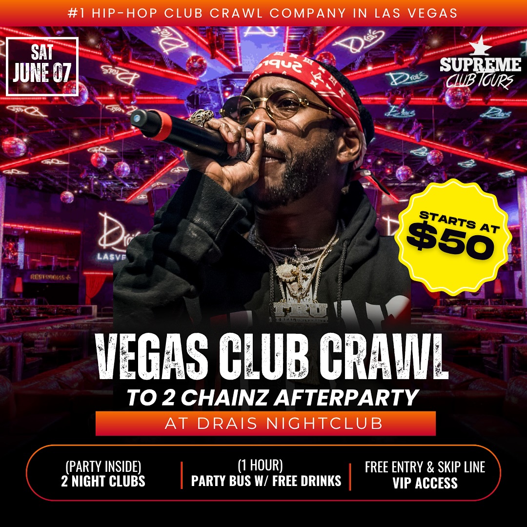 Wanna party at Draiโs with 2 Chainz in VEGAS? ๐๐ฅ
For just $50, you get:
๐จ Access to 2 nightclubs
๐ 1 hour on a party bus w/ FREE drinks
๐ Entry to the official 2 Chainz Afterparty at Draiโs
๐ Free entry & skip-the-line VIP access
This is your sign to go all out this weekend.
Lock in your spot NOW before it sells out.
#VegasClubCrawl #2ChainzAfterparty #DraisNightclub #VegasTurnUp #HipHopNight #SupremeClubTours #Vegas2025 #PartyBusVibes #VegasNightlife #ClubCrawlExperience