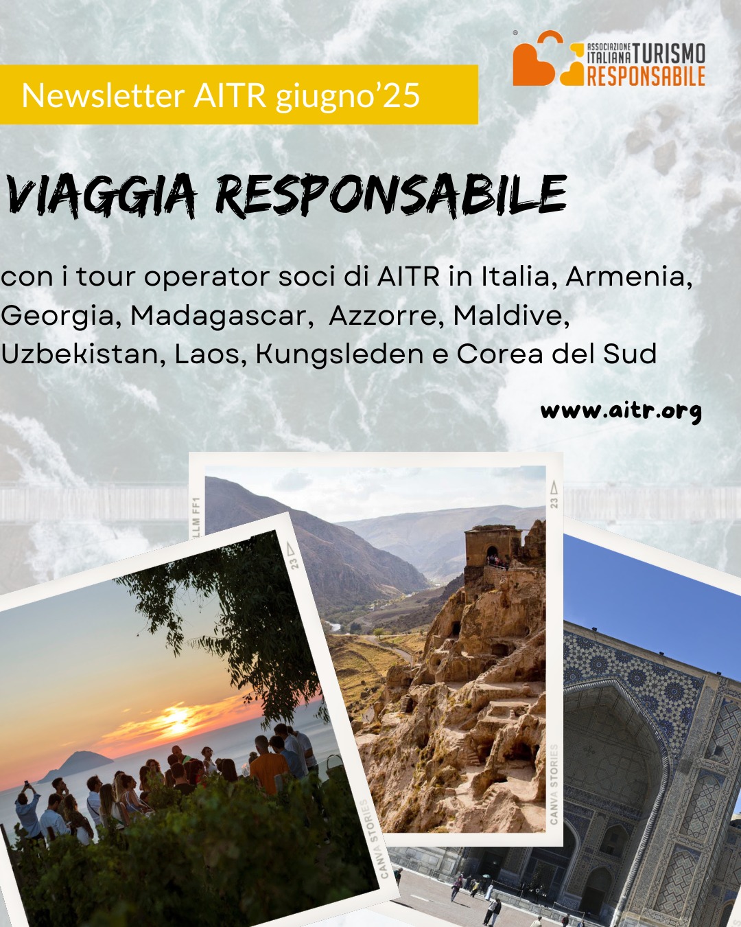 Che tu voglia rimanere in Italia o partire per l’altro capo del mondo, trovi proposte autentiche, sostenibili e fuori dai circuiti del turismo di massa.
Dalla natura del Trentino alle spiagge delle Maldive, dai sentieri del Molise alle vette della Valle d’Aosta, dalle steppe uzbeke ai monasteri dell’Armenia: ogni viaggio è un’occasione per scoprire paesaggi meravigliosi e incontrare persone, culture, comunità.
Ecco dove puoi viaggiare in modo responsabile:
🇮🇹 Spotorno, Valle d’Aosta, Isole Eolie, Trentino, Molise
🌍 Armenia, Georgia, Madagascar, Azzorre, Maldive, Uzbekistan, Laos, Svezia e Corea del Sud
✈️Iscriviti alla nostra newsletter su www.aitr.org