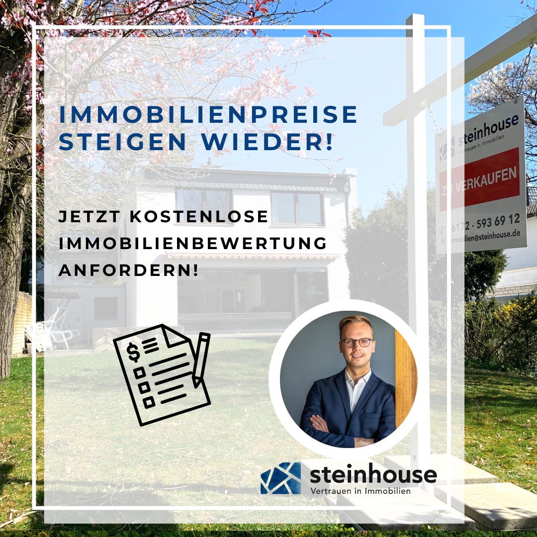 KOSTENLOSE IMMOBILIENBEWERTUNG
Immobilienpreise steigen wieder!
Die Talfahrt bei den Immobilienpreisen in Deutschland ist beendet. Bereits Ende letzten Jahres konnte eine Stabilisierung der Verkaufspreise beobachtet werden. In Q1 2025 wurde ein Anstieg von ca. 1,1% über dem Vorjahreswert verzeichnet. Experten gehen von weiter moderat steigenden Preisen in 2025 aus.
Ist auch für dich jetzt der richtige Zeitpunkt gekommen, um deine Immobilie zu verkaufen?
Finde heraus was deine Immobilie aktuell wert ist und fordere jetzt eine KOSTENLOSE Bewertung deiner Immobilie an!
KONTAKT:
📞 +49 (0)6172 593 69 12
✉️ immobilien@steinhouse.de
#immobilien #realestate #makler #badhomburg #oberursel #friedrichsdorf #königstein #kronberg #neuanspach #wehrheim #usingen #hochtaunus #taunus #rheinmain
#germany #zuhausegesucht #haus #wohnung
#grundstück #kapitalanlage #büro
#dienstleistung #immobilienbewertung #steigendepreise | #steinhouse #steinhouseimmobilien