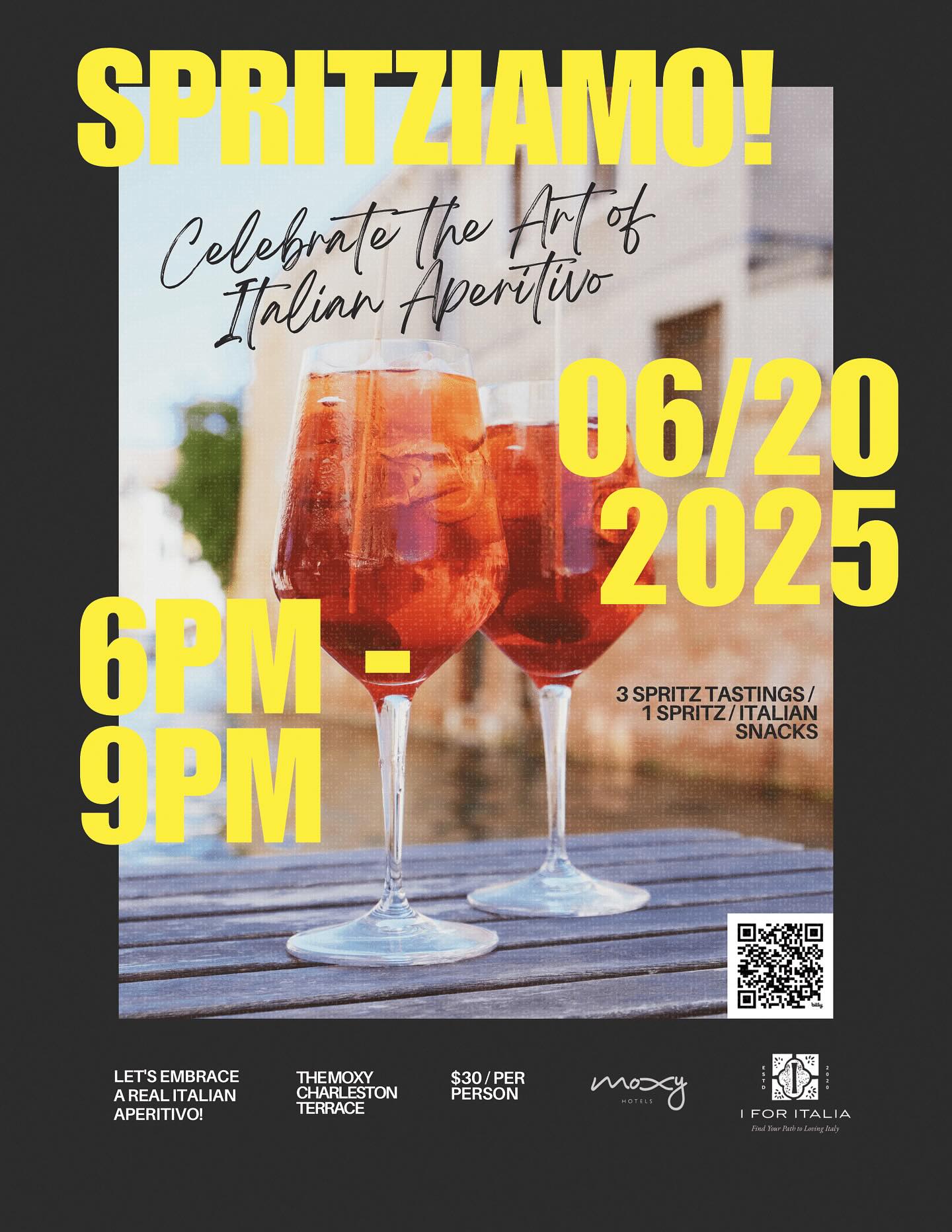 Ciao to all of you Italy lovers!
Join us at the Moxy Hotel Rooftop Terrace on Friday, June 20th, from 6 to 9 PM forย Spritziamo! (Tickets link in bio!)
Withย Spritziamo, we will celebrate the Spritz, a quintessential Italian cocktail and the art of Italian Aperitivo!
What isย Italian Aperitivo?
Every day in Italy, a ritual can be observed everywhere, from Palermo to Milan! After a long, tiring day at work, Italians meet in front of their orange-looking drink and appetizers to start the weekend in the most convivial, light way, meeting with friends and filling up the squares of Italy!
The Spritz drink, made of bitter (generally Aperol), prosecco, and seltzer water, truly unifies Italy! But Spritz varies from North to Southโdid you know that Spritz was invented in Venice? And that the traditional Venetian bitter is Select and not Aperol?
During the event, Stefano, a former National Geographic guide and the founder of I for Italiaโa boutique travel companyโwill share stories and interesting facts about the spritz and aperitivo culture.
You will also have a chance to taste various versions of the drink, from the traditional Venetian Spritz to an American-inspired one, along with some Italian snacks.
The Moxy Terrace will provide us with a stunning background where we can dream of having an authentic Italian aperitivo with spectacular views over the ocean!
Letโs all become Italian for a night and celebrate the joy of the small things and friendships!
Join us and bring your friends!
Salute! #spritz๐น #charleston #spritziamo #italianaperitivo #italytravel