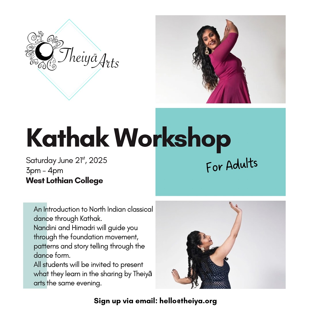 📣So excited to announce our second workshop at The West Lothian Multicultural Festival!
💃🏾Introduction to North Indian classical dance through Kathak with @himadri.nandini.choreography
💫Nandini and Himadri will guide you through the foundation movement, patterns and story telling through the dance form.
All students will be invited to showcase what they learn in the sharing by Theiya arts the same evening as part of the Festival programme.
Come and join us! This workshop is for adults and FREE ENTRY. Spaces are limited so make sure to book your spot by emailing hello@theiya.org
#dance #southasiandance #southasian #indiandance #kathak #indiandanceinscotland #festival #free #workshop #westlothian #theiyaarts #theiyaartsschool #dancers #danceshool