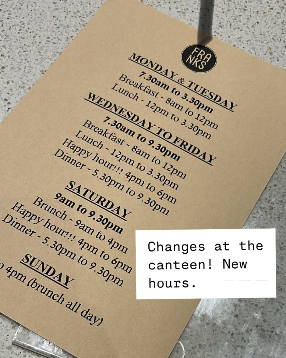 Loads going on...
Open from 7.30am.
Lunch now 12 to 3.30pm
Happy "hours" from 4pm to 6pm! with half price cocktails and subs.
Evening now 6pm to 9.30pm