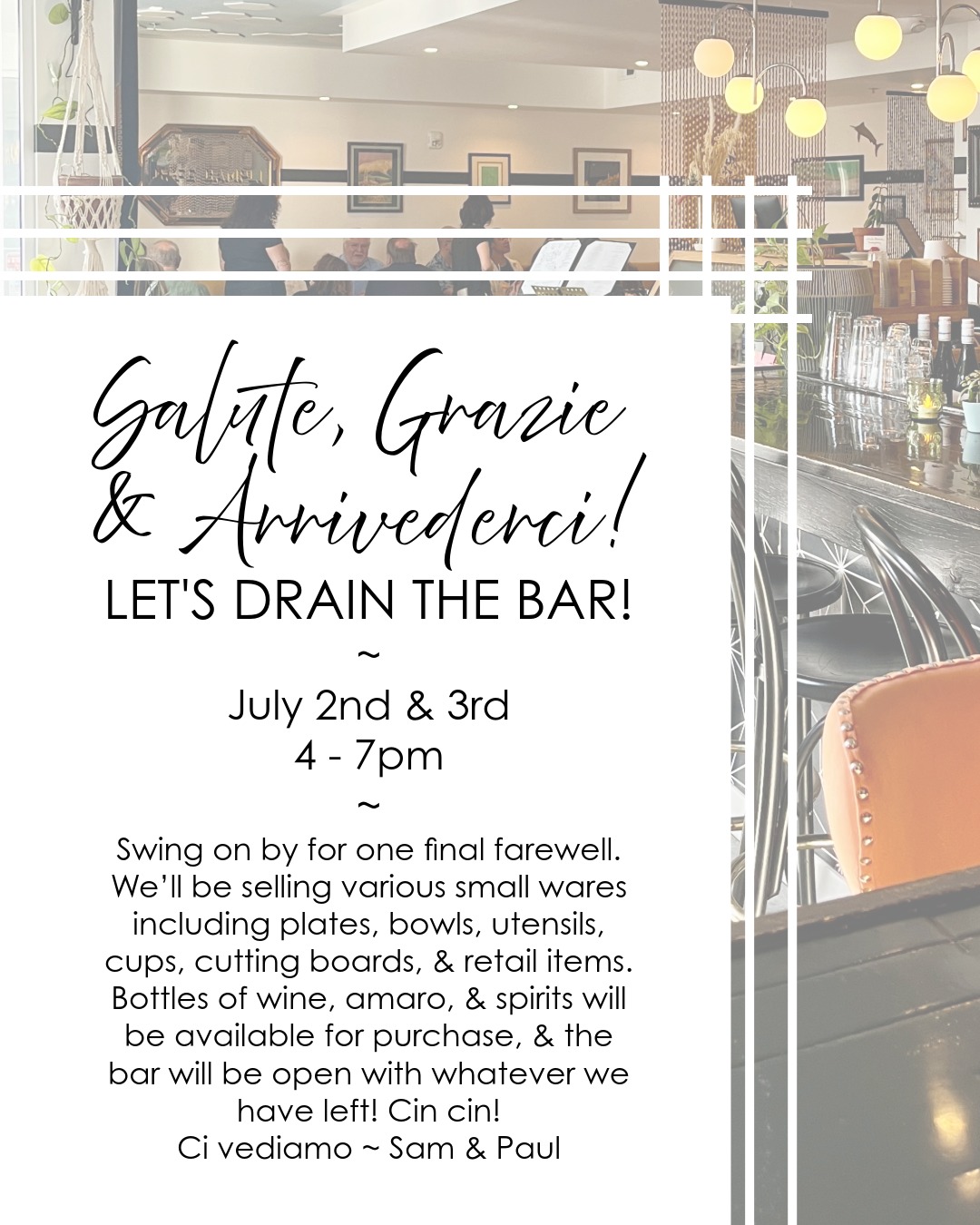 Whew WHAT A WEEK! That was by far the busiest one in CC history, and we're already gearing up for tomorrow. It's hard to believe there's only one week left of serving you all the pastas our little kitchen can kick out. One night this week, we had 81 guests. We have 37 seats. We didn't think that was possible.
.
On July 2nd & 3rd, we will be selling the last of our small wares, retail items, and other things (see photo) as we say goodbye for real. Be warned, there will be tears. There will be wine. There will be a lot of love. Come by if you can, even just to say arrivederci.
.
If you've pre-purchased an item via the listings on our website, this is also the time to pick it up. We've sent you an email but if we somehow missed someone, sorry in advance!
.
The Cafe Campli mirror is still available, see website for listing.
.
Hope to see you this week,
or at the Farewell Party the week after,
or in Penne @da_mincarelli
.
Ciao ciao.