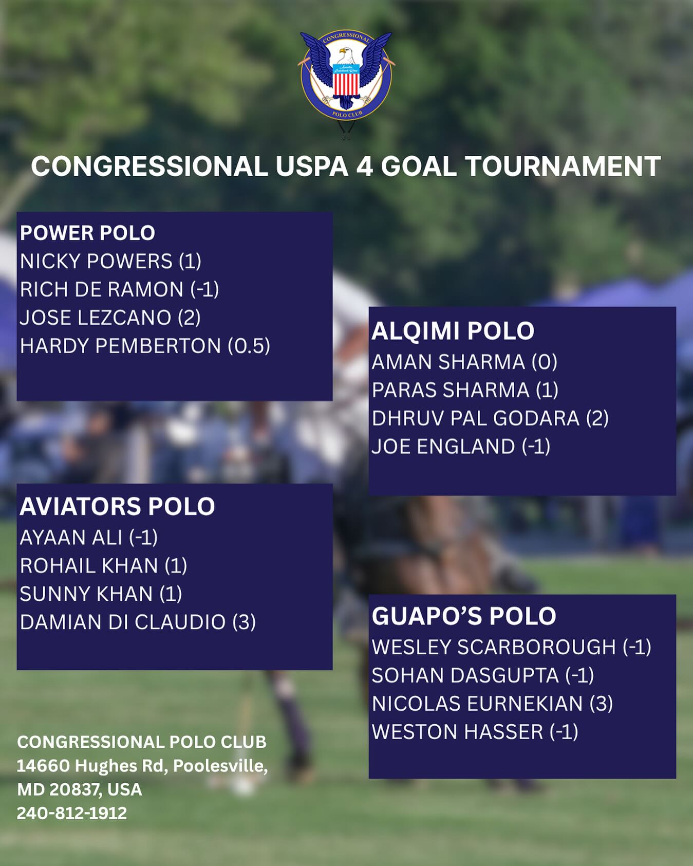 🏇 The Teams Are In! 🏆
Introducing the official line-up for the Congressional USPA 4-Goal Tournament!
Four fierce teams, top talent, and a weekend of fast-paced polo awaits.
Swipe to see player names and handicaps — and let us know who you think is taking home the trophy! 🏇🔥
📍 Congressional Polo Club
🎟️ Free Tailgating | Open to All | Polo All Weekend
#CongressionalPolo #USPA4Goal #PoloWeekend #GameFacesOn