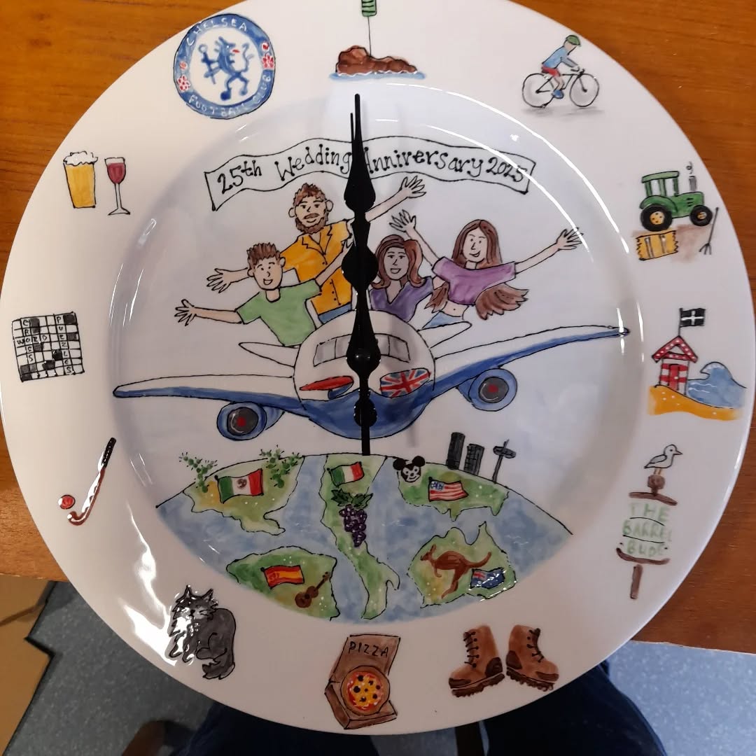 Happy anniversary, wedding, birthday, clock! It's all about you!
Illustrated, glazed and fired her all based on your story. We LOVED doing this one. .... or make your own at a workshop. 😁