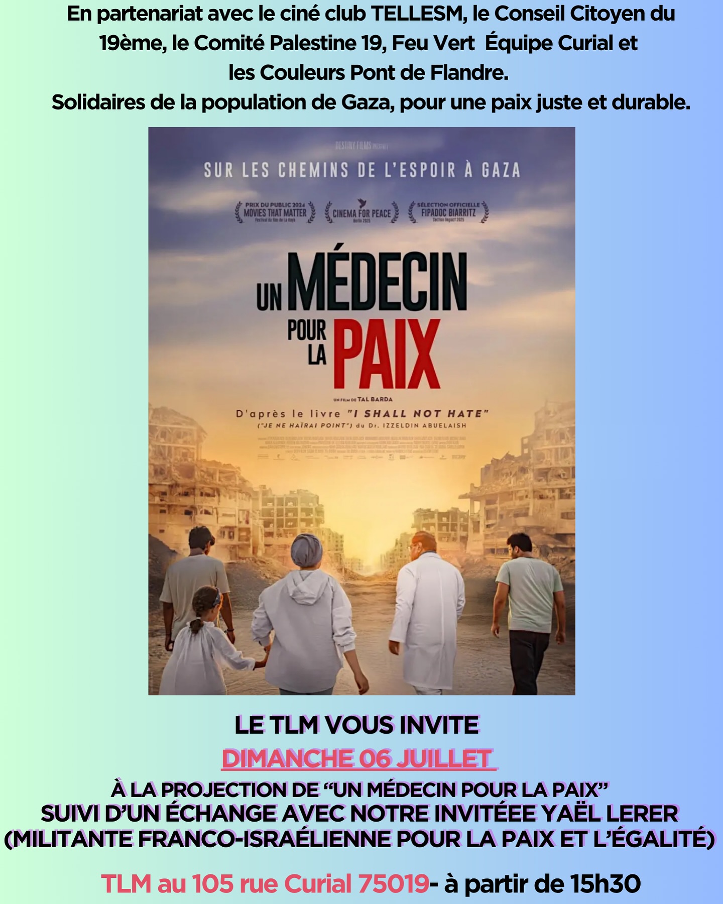 Dimanche 6 Juillet à 15h30 au @le_tlm ! Entrée gratuite ✅ événement en solidarité avec les populations de Gaza ✊
Venez nombreuses et nombreux 🫶
#gaza #palestine #solidaritégaza #75019
