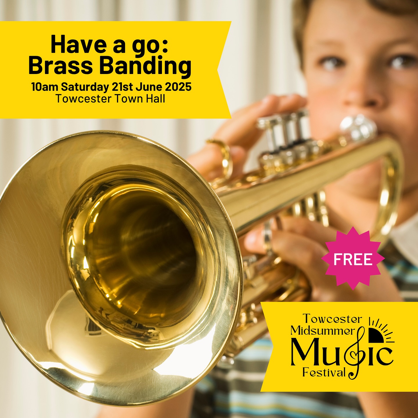 Kids! Want to blow your own trumpet?
@towcesterstudioband will be running a taster session 10-11am Saturday 21st June at Towcester Town Hall for youngsters to have a go at brass banding.
Come along to find out more about the Studio Band and sign up for the next round of youth classes.
Free to participate on a first come, first served basis - just turn up on the day.
#towcestermidsummermusic