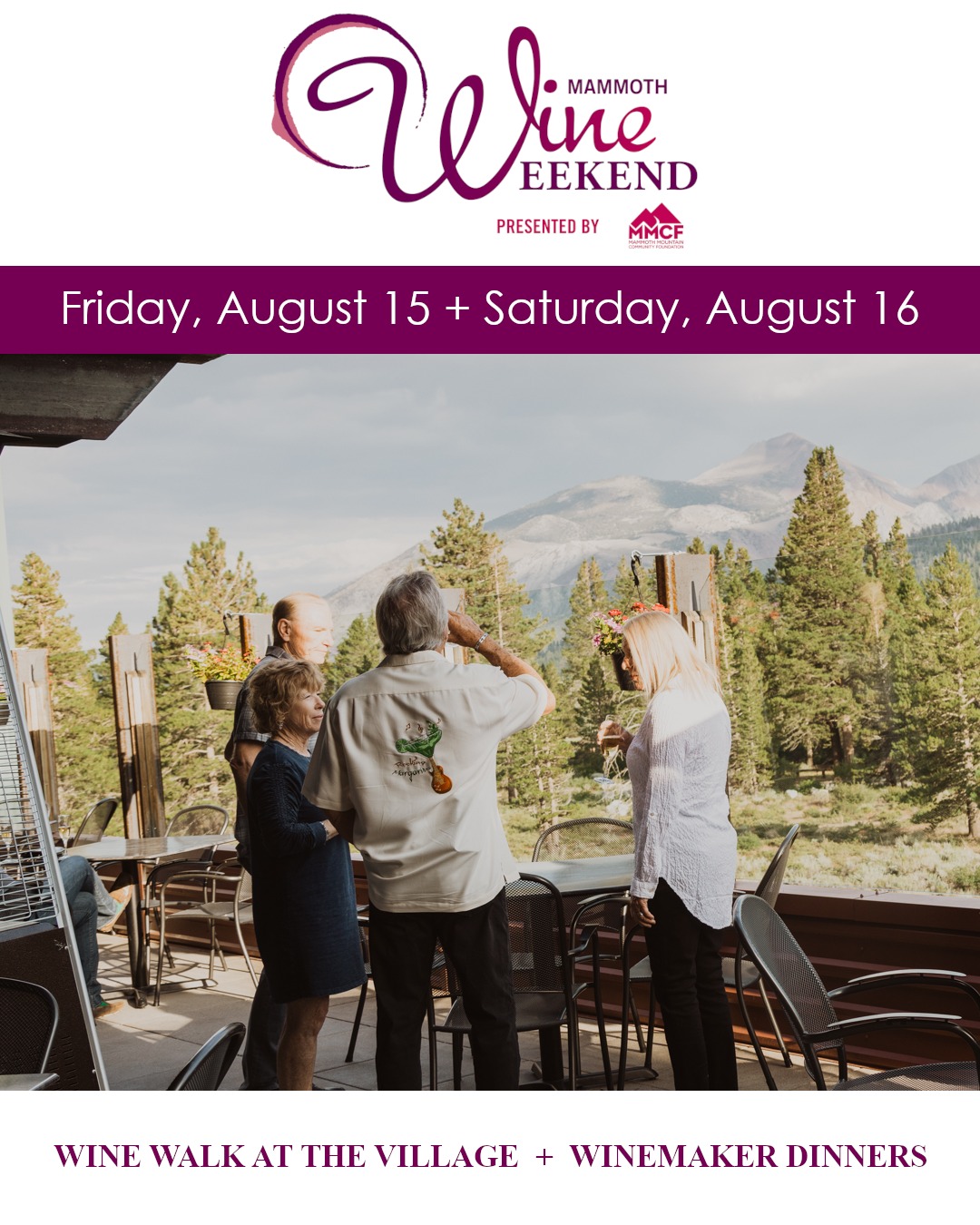 We just added another Winemaker Dinner event to the 2025 Mammoth Wine Weekend - book your tickets now!
BOLD WITH A VIEW
A Happy Hour Wine Tasting Experience
Friday, August 15
4pm - 6pm
Mammoth Rock n Bowl ( @mammothrocknbowl )
Unwind your week with a glass in hand and a view that can’t be beat at “Bold with a View”, a special happy hour wine tasting at Mammoth Rock N Bowl to kick off your Wine Weekend festivities. Sip your way through a curated selection of bold, expressive wines from acclaimed producers like Niner, Austin Hope and Pine Ridge, all while soaking in the sweeping mountain scenery. Enjoy a selection of delicious appetizers to complement your tasting.
$75 per person (includes tax and gratuity)
More info + tickets available on the Mammoth Wine Weekend website - link in profile.
---
All of the proceeds from the Mammoth Wine Weekend go to fund athletic and educational programming at MMCF - like our grant program and ski PE and more!