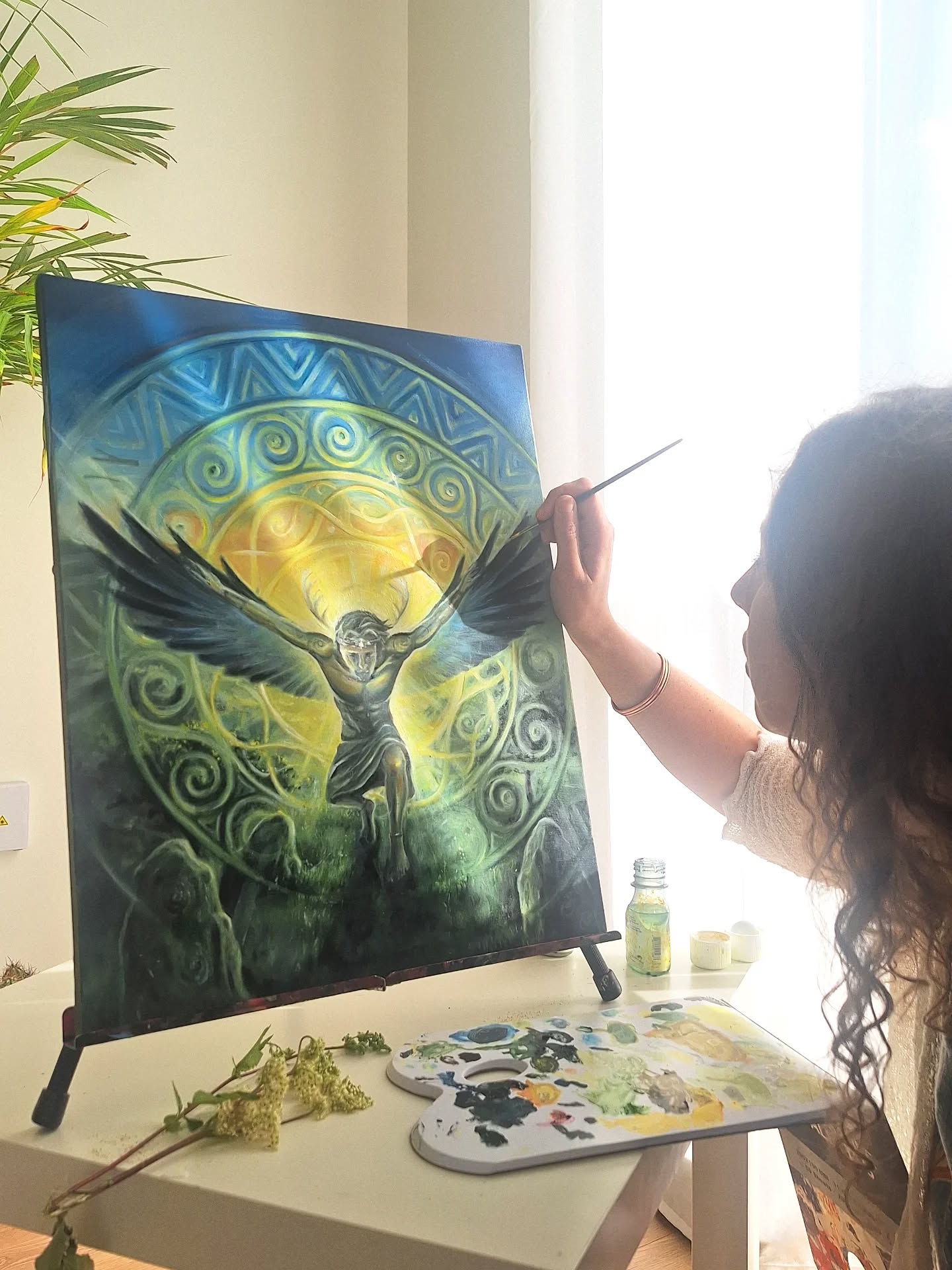Solstice blessing to all ☀️ Happy to be back at the canvas after being away from it for a while. I have also not been posting here much.
With this Solstice I feel as though I am slowly coming out of a huge process I have been since before the Spring Equinox, also around the time I received the vision for this painting on a day filming in Co. Louth. It's odd to have been in such heavy processing around the lightestest time of the year, and it's interesting how it's been this particular painting has carried through this whole phase. The painting symbolises the rise of the healed warrior as the solar King after dying to himself many times over.
I am searching for a name for this piece. I welcome all your ideas and suggestions. Let me know what name you would give this piece in the comments.
Hope to post the finished piece over the few days ☀️
#solstice #warrior #solarwarrior #ancientwarrior #cuchulainn #lugh #solarwarrior #rise #resurrection #sun #oils #oilpainting #wip #workinprogress #visionaryart #visionaryartist #irishvisionaryart #irishartist #celticart #celticartist #mythology #Irishmythology #painter #myth #mythologicalart #summersolstice #Ireland #Irish #celticwheel