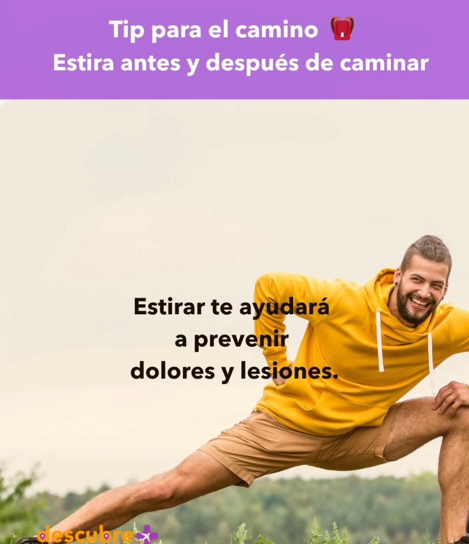 💡 Tip para el Camino de Santiago
Antes de comenzar a caminar y al finalizar la jornada, no olvides estirar.
💪 Estirar ayuda a prevenir dolores musculares y posibles lesiones, además de mejorar tu rendimiento día a día.
Hazlo parte de tu rutina. ¡Tu cuerpo te lo agradecerá!
🚶♀️🌿 ¿Ya tienes listo tu Camino? Nosotros te ayudamos a prepararte.
📍 Viajes Descubre Más – Experiencias auténticas para caminantes con alma.
#CaminoDeSantiago #TipDelDía #Peregrinos #Estiramiento #ConsejosDelCamino #ViajesDescubreMás #TurismoConAlma #Senderismo #BuenCamino #TurismoRural #CaminoDesdeSarria #TurismoConPropósito #CaminarEsVivir