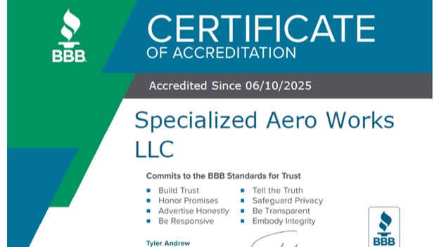 SAW is proud to announce that we have earned BBB Accreditation! We have always believed in the standards for good business set by the BBB, so now we have sough accreditation to better show our dedication to customer service and quality products.
Go to the BBB website to see SAW's listing.
https://www.bbb.org/us/or/bend/profile/flight-instructor/specialized-aero-works-llc-1296-1000176455