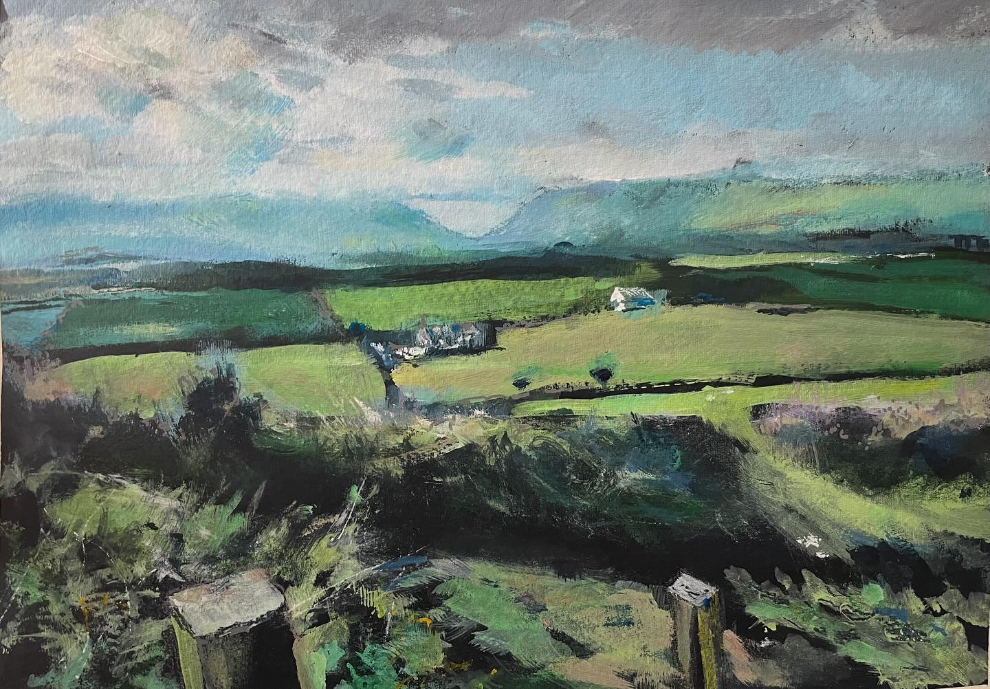 View across farmland, from Corrins Tower, Peel, Isle of Man.
Loved painting the criss-cross fields and cloudy sky… beautiful memory x
#corrinstower
#isleofman
#landscapepainting
#farmlandscape
#artistsofinstagram❤️art instagram
#knockaloefarm