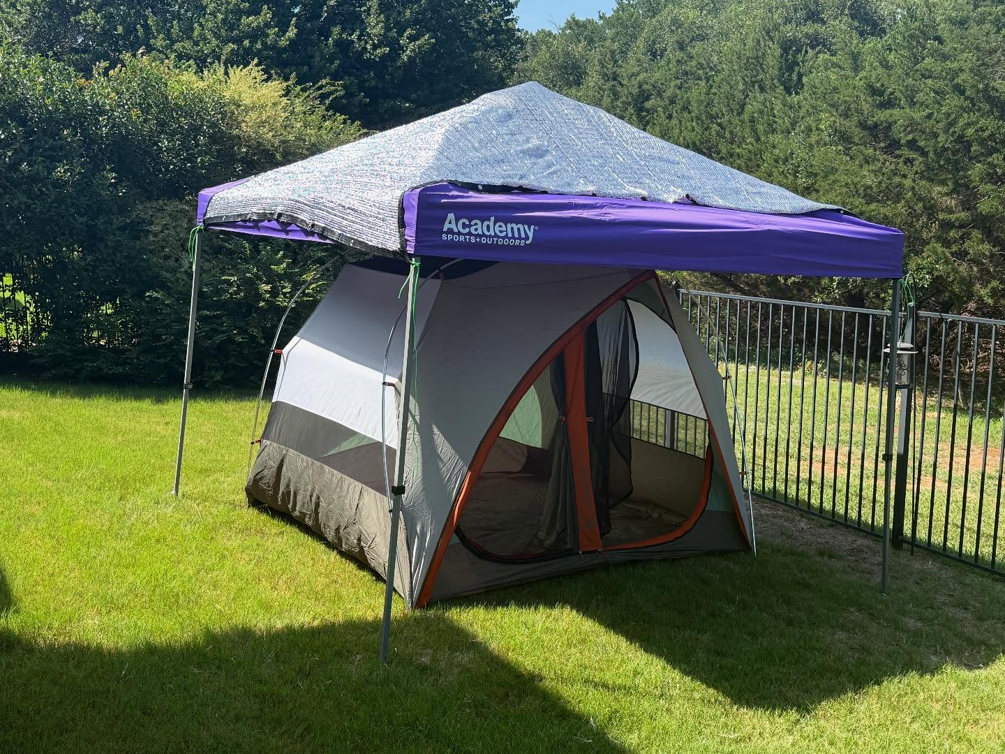 Here’s the latest version of the experiment in the backyard. Right now, the ground outside the shade reads ~112, while at the back of the tent with the most shade it reads 97. Still hot as heck, but 15 degrees is pretty good.