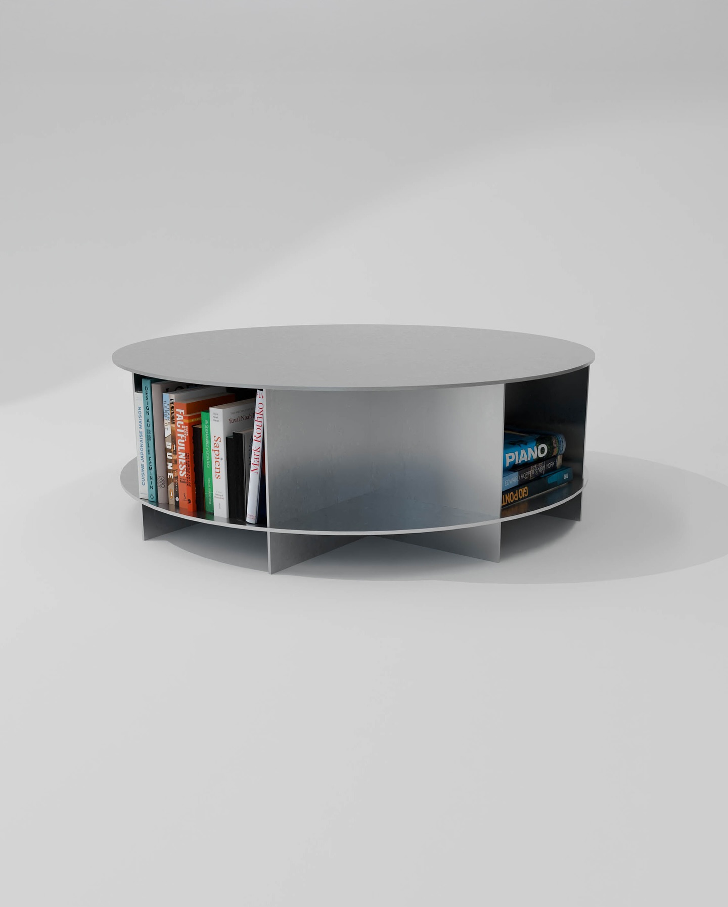 Flat packable stainless steel coffee table.