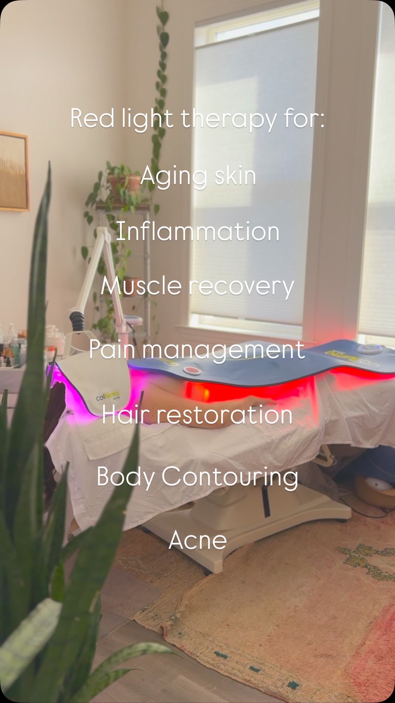 Light Emitting Diode (LED) therapy uses specific wavelengths of light energy to target areas of the body and deliver therapeutic benefits. Clinically validated and widely embraced by dermatologists, surgeons, and pain specialists, this non-invasive treatment is gaining recognition in mainstream wellness. Red light therapy is beneficial for:
Pain Management
Muscle Recovery
Inflammation
Body Contouring
Hair Restoration
Aging Skin
Acne + Scaring
Wrinkles, Pigmentation + Aging
At Derma Bella Skin Studio, our LED Body Treatments are customized to support your full-body wellness. Sessions take place in our beautiful, calming LED light therapy room—designed to restore your body and mind in a peaceful, spa-like setting. Some can even be added on while you’re receiving your facial.
Comment: REDLIGHT below to receive 1/2 off a trial session. We can’t wait to show you how it can help support your wellbeing too.