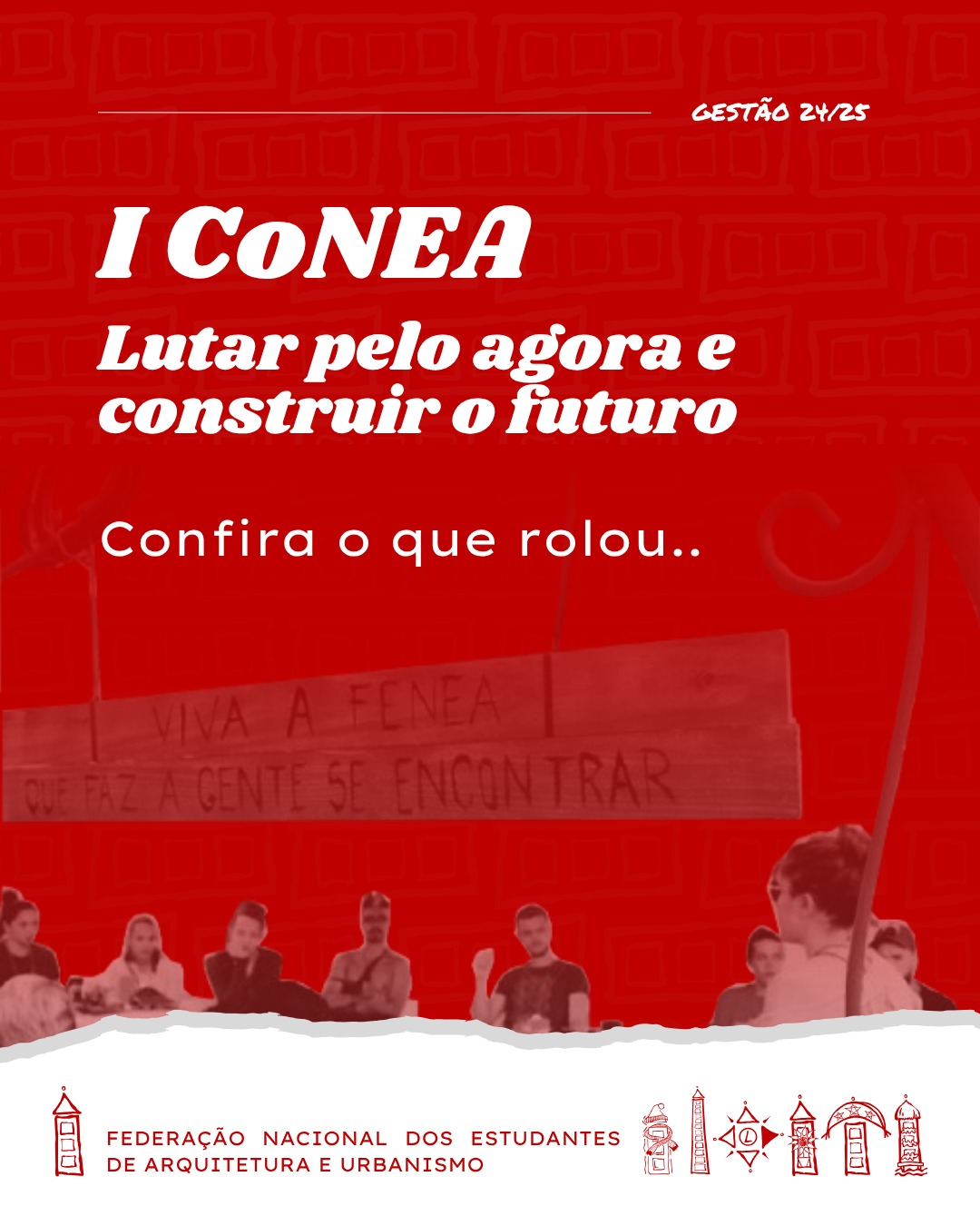 No último dia 07 de junho aconteceu o 1º CoNEA 2025, reunindo estudantes de diversas regiões do Brasil para debater os rumos do nosso movimento diante do avanço da precarização na formação em Arquitetura e Urbanismo.
Com o tema “Lutar pelo agora e construir o futuro”, a reunião foi um espaço potente de troca, denúncias, reflexões e articulação.
💬 Foram definidos quatro eixos principais que nortearão uma carta política do movimento estudantil de AU, a ser construída coletivamente nas próximas semanas.
⚙️ Confira os encaminhamentos e fique de olho nas datas:
✍️ Redação da carta: até 21/06
📝 Assinaturas de CA/DAs e EMAUs: 22 a 28/06
🗳️ Aprovação final: 29/06, em nova reunião do CoNEA
Vamos juntes defender uma formação crítica, pública e de qualidade para todes!
#FeNEA #CoNEA2025 #MEArq #ArquiteturaeUrbanismo #EnsinoPúblico #EstudantesEmMovimento