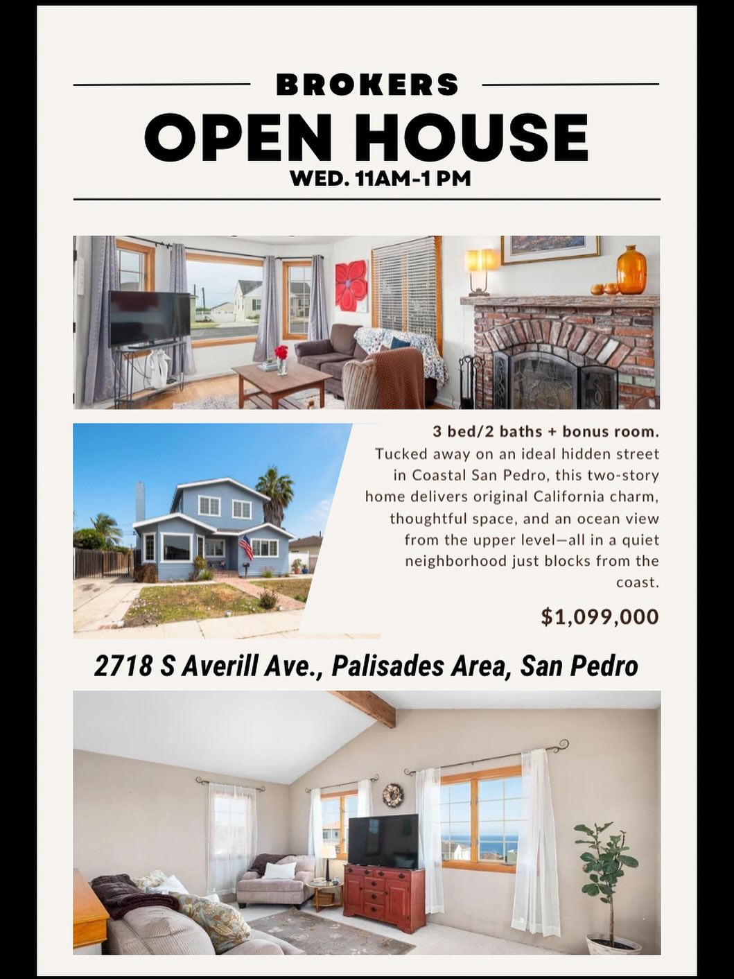 Join us today! 11am-1pm to preview this brand new listing in the sought-after Palisades neighborhood of San Pedro!
Tucked away on an ideal hidden street in Coastal San Pedro, this two-story home delivers original California charm, thoughtful space, and an ocean view from the upper level—all in a quiet neighborhood just blocks from the coast.
3 bedrooms, 2 baths
1,541 SF home
6,031 SF lot
Large, gated yard
Upper level bonus room with ocean view
Offered at $1,099,000
Presented by @lindahernandez7863 of The Klapper Group @exprealtyluxury_