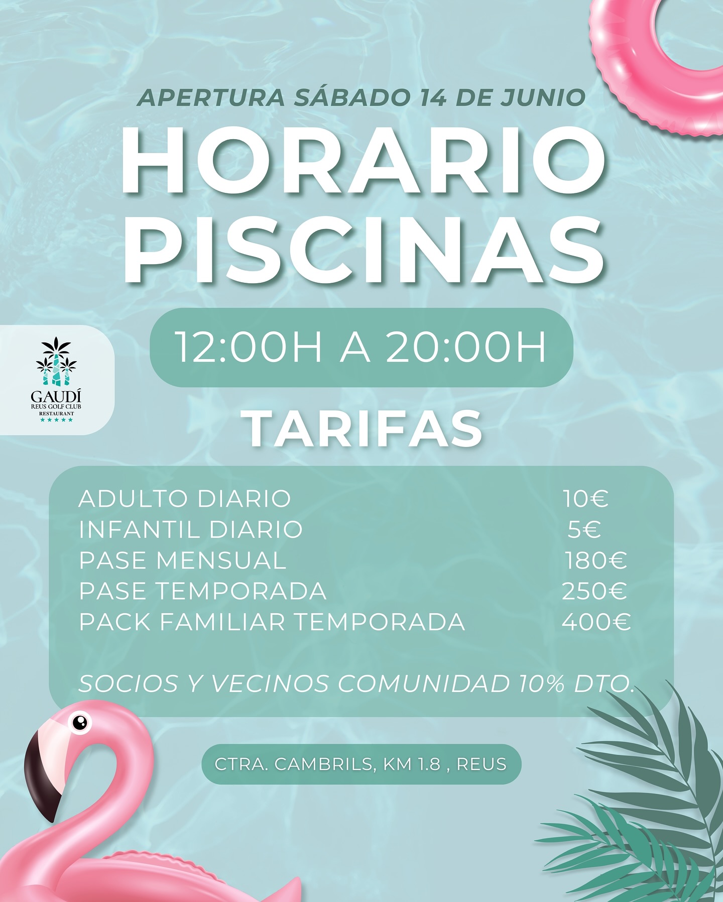 ¡La temporada de piscinas arranca el 14 de junio! ☀️⛱️
Ven a disfrutar del mejor plan para toda la familia en nuestro restaurante con piscina, abierto de 12:00 a 20:00 para que aproveches al máximo el día.
Tarifas:
• Diario: 10€ adulto / 5€ niño (menores de 3 años: GRATIS)
• Pase mensual: 180€
• Pase temporada: 250€
• Pack familiar temporada: 400€
🏡 Además, socios y vecinos de la comunidad tienen un 10% de descuento.
¡No te lo pierdas!
Prepara tu bañador y vive un verano lleno de diversión, relax y buena gastronomía 🍽️😎